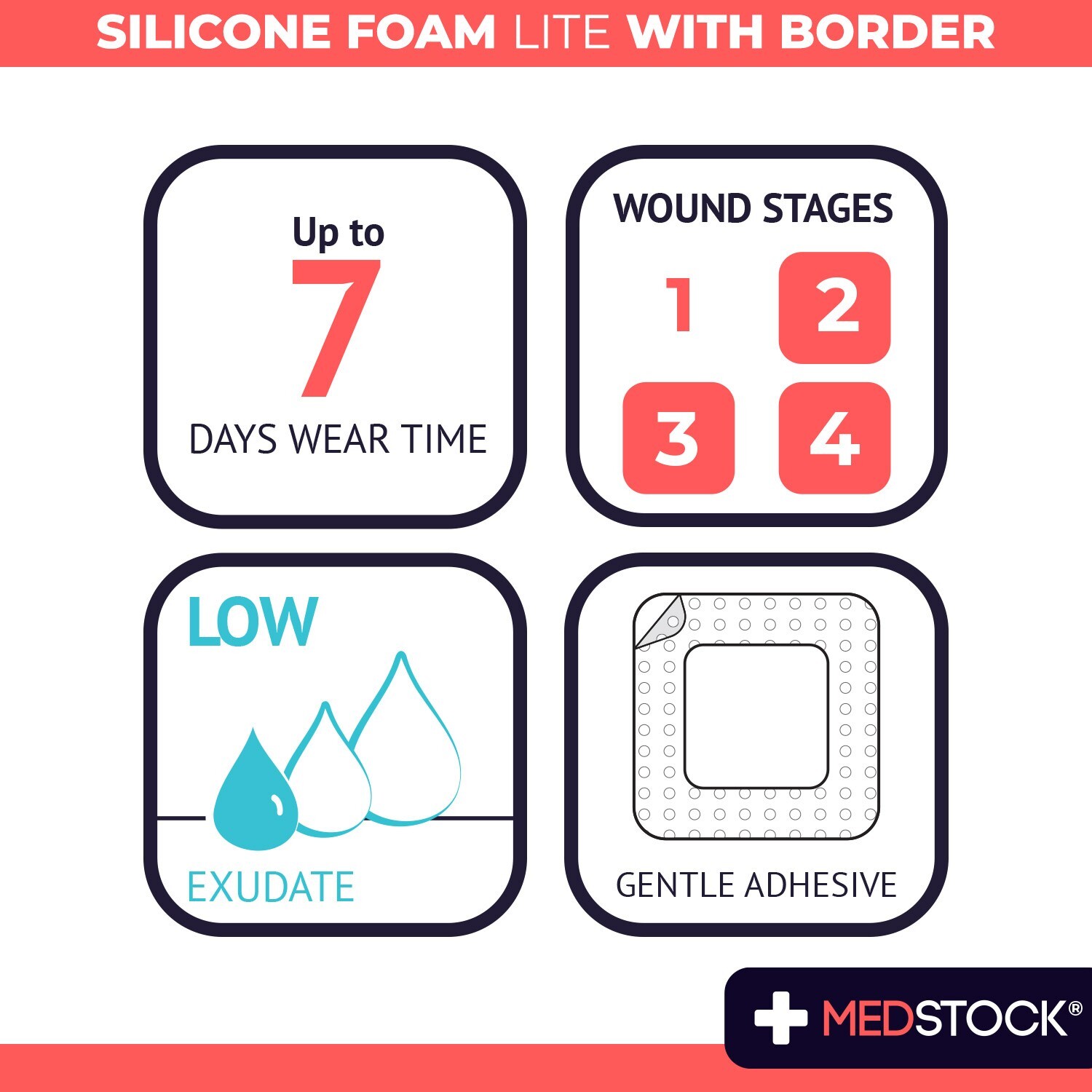 MEDSTOCK Silicone Foam Lite Dressing with Border – 6″ x 6″ (Box of 5)