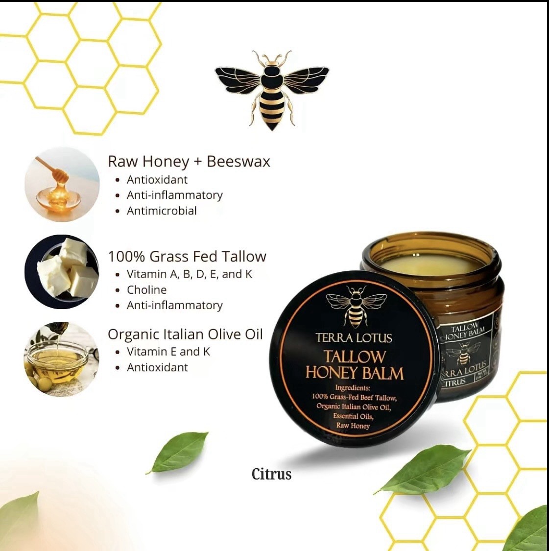 Tallow Honey Balm-Natural Skin Moisturizer-Grass-Fed Beef Talkow,Raw Honey Olive