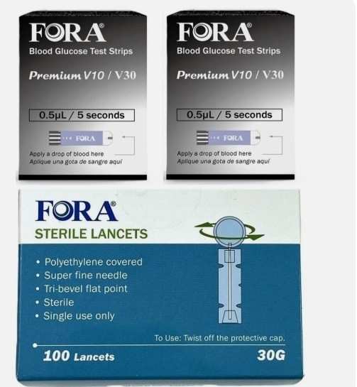 FORA Blood Glucose Test Strips (100 Count) & Lancets Premium V10/V30 Exp 1/2027