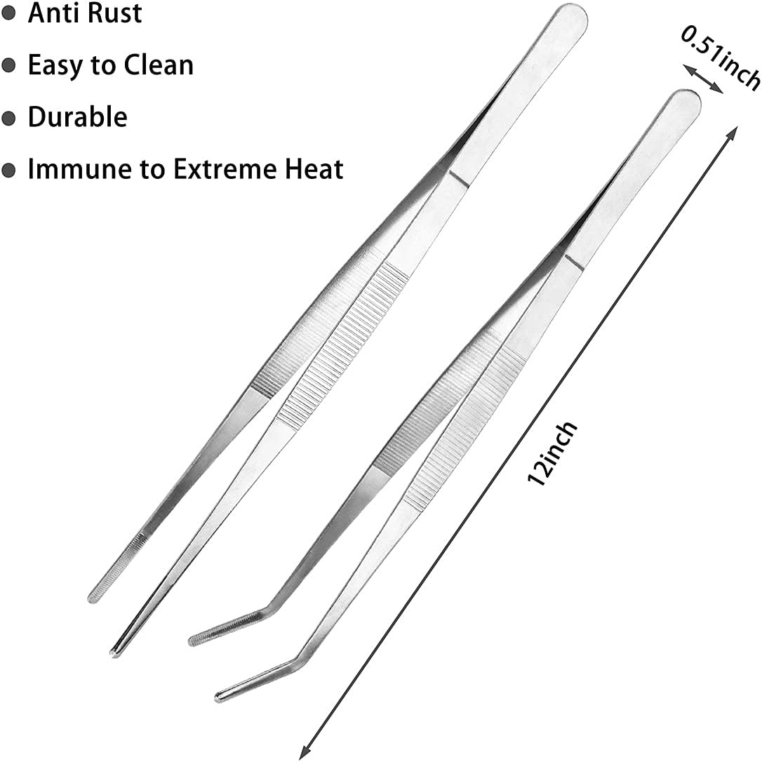 Kitchen Long Tweezers Set, LEEFONE 2 PCS 12 Inch Stainless Steel Food Tweezers w
