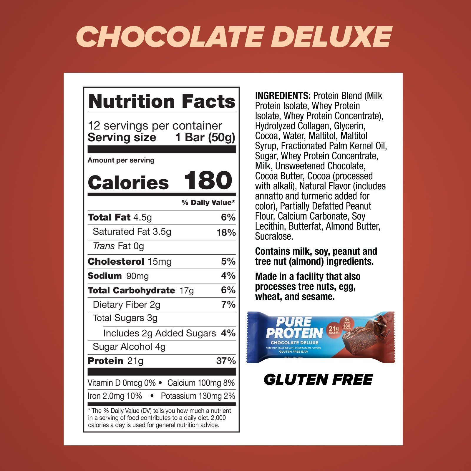 Pure Protein Bars, Chocolate Deluxe, Low Sugar, 21g Protein, 1.76 oz, 12 Count
