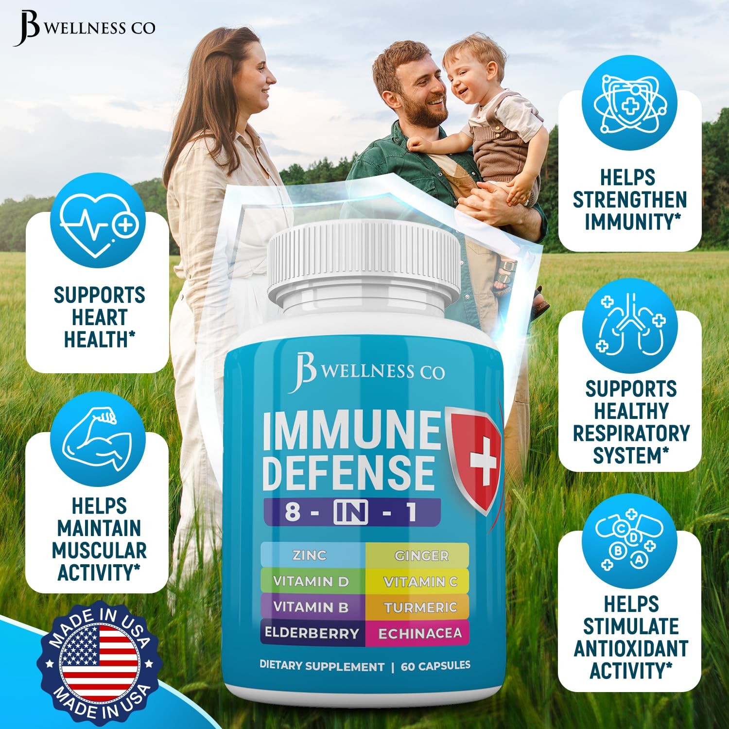 JB Wellness Co Immune Support 8 in 1 Capsules – Zinc 60 Count (Pack of 3)