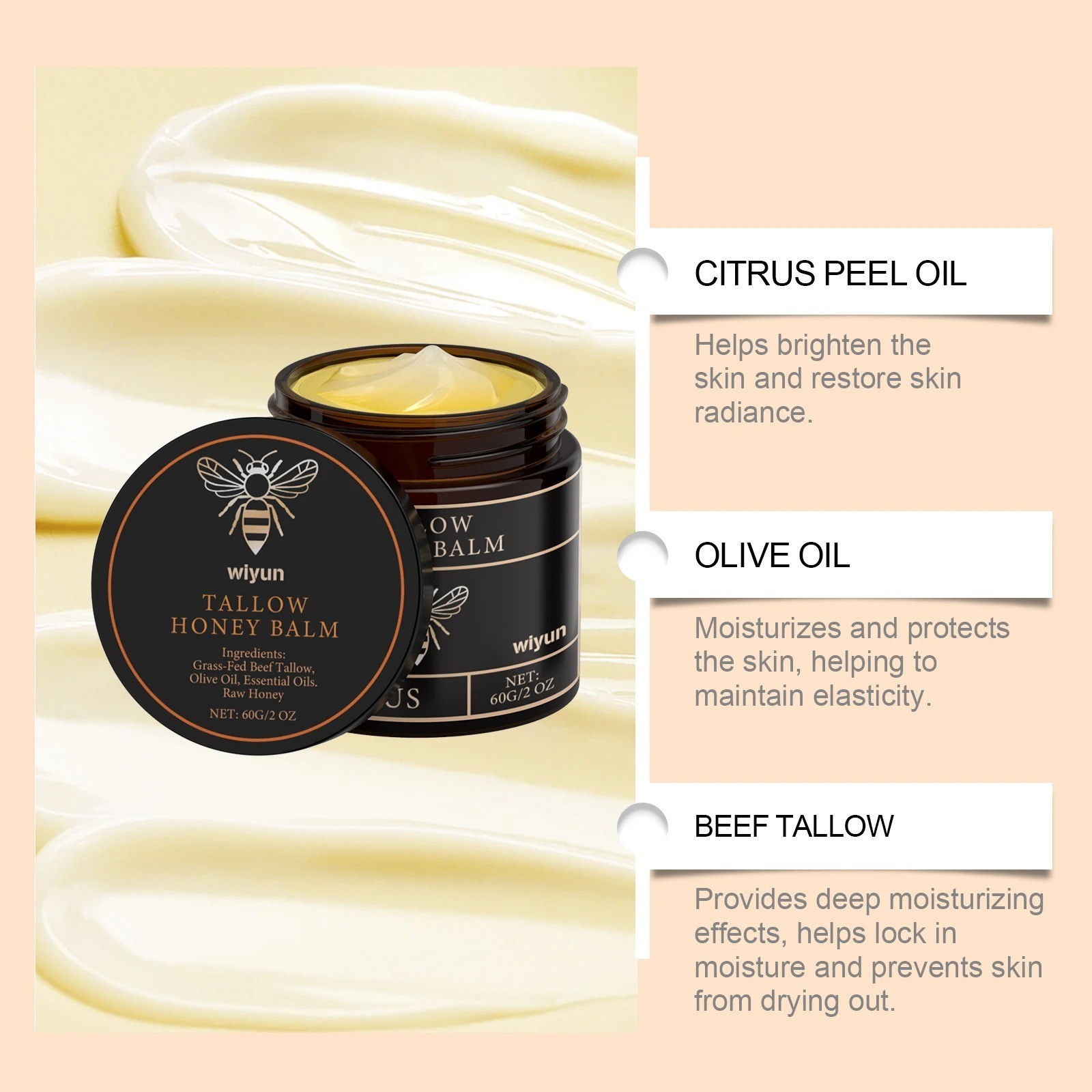 Grass Fed Beef Tallow Honey Balm Moisturizing Skin Care Cream Face Body 2.12oz