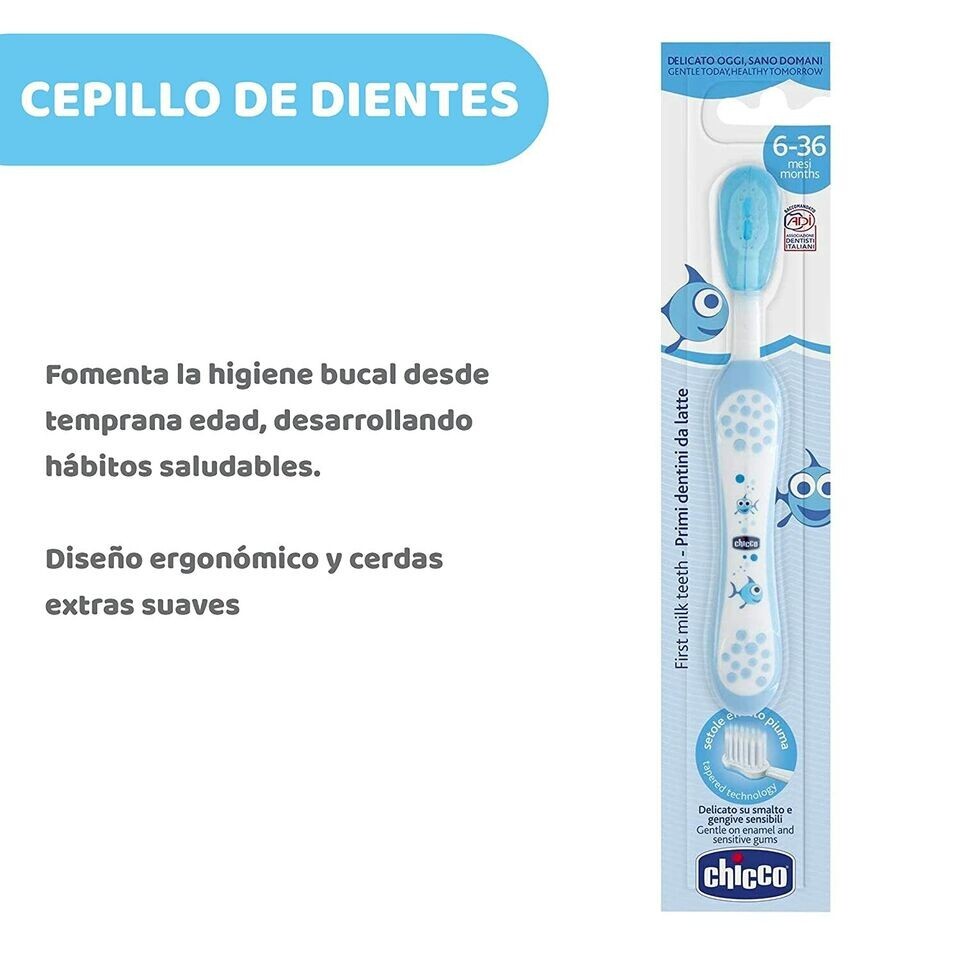 Chicco Blue Toothbrush With Anti-Slip Proof Handle Grip For 6-36 Months Baby