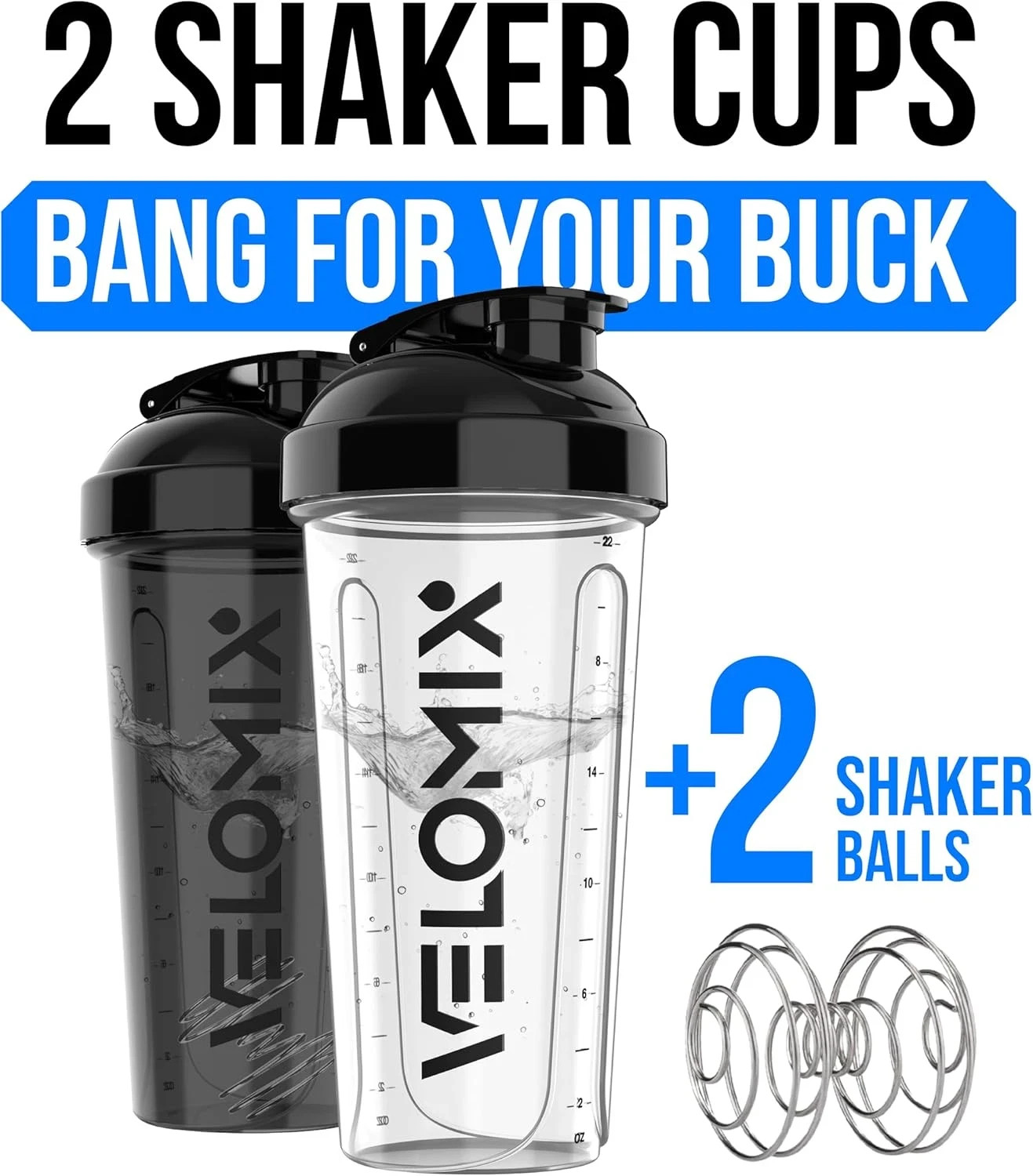 VELOMIX -2 Pack- 28 Oz Protein Shaker Bottles for Protein Mixes – 2X Wire Whisk