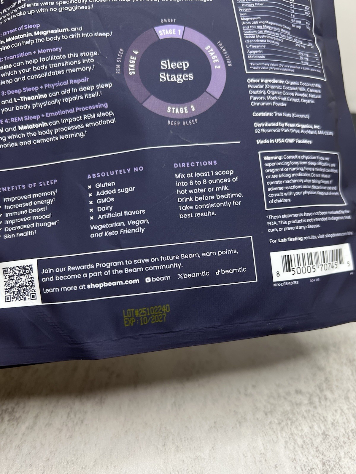 beam Dream Sleep Support Powder Cinnamon Cocoa 30-Night 6.35 oz Exp 10/27