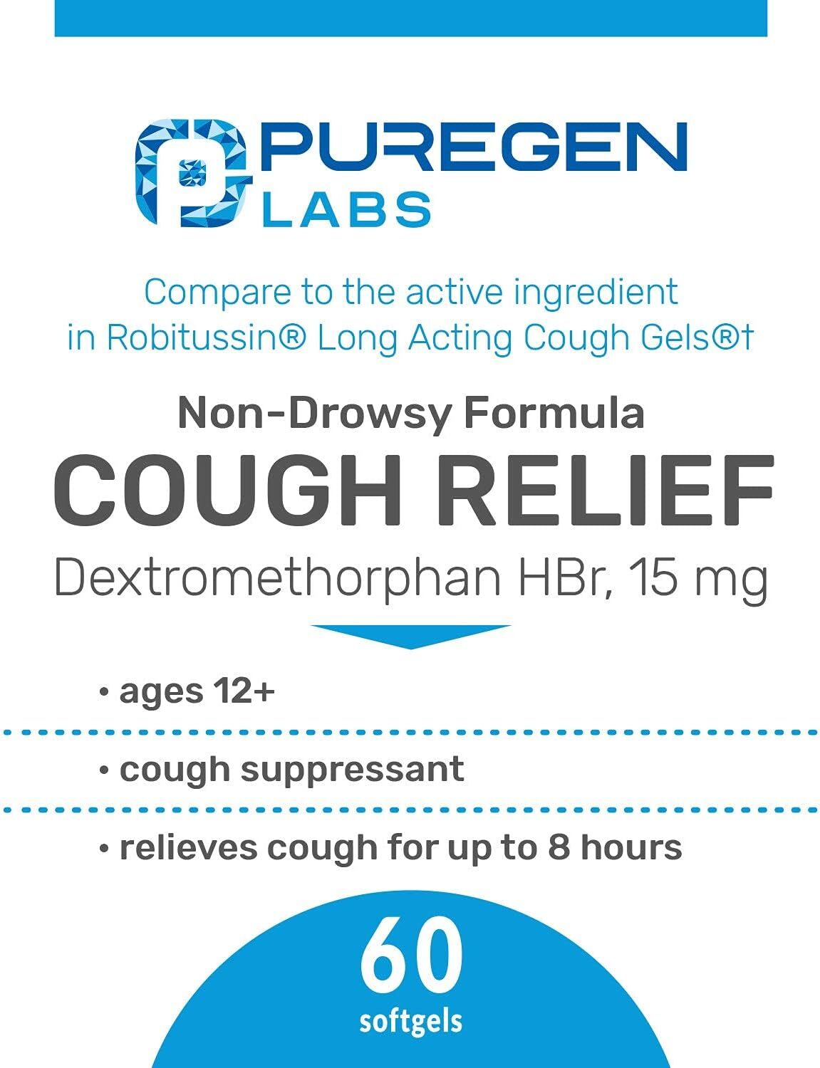 Puregen Cough Relief for Adults Dextromethorphan 15mg 60 Softgels