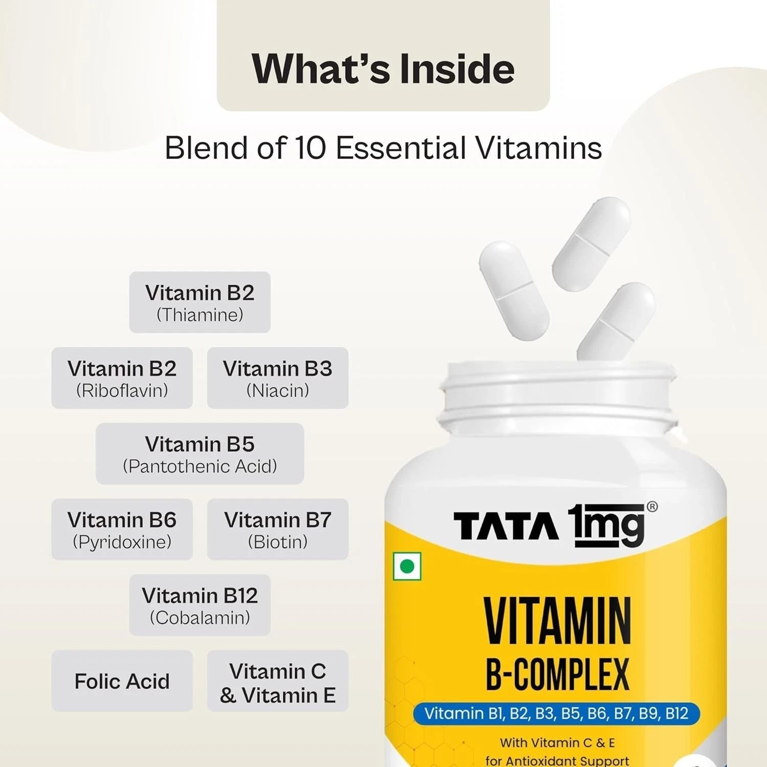 Tata 1mg Vitamin B Complex Capsules with, B1,B2,B3,B5,B6,Biotin (Pack of 60)