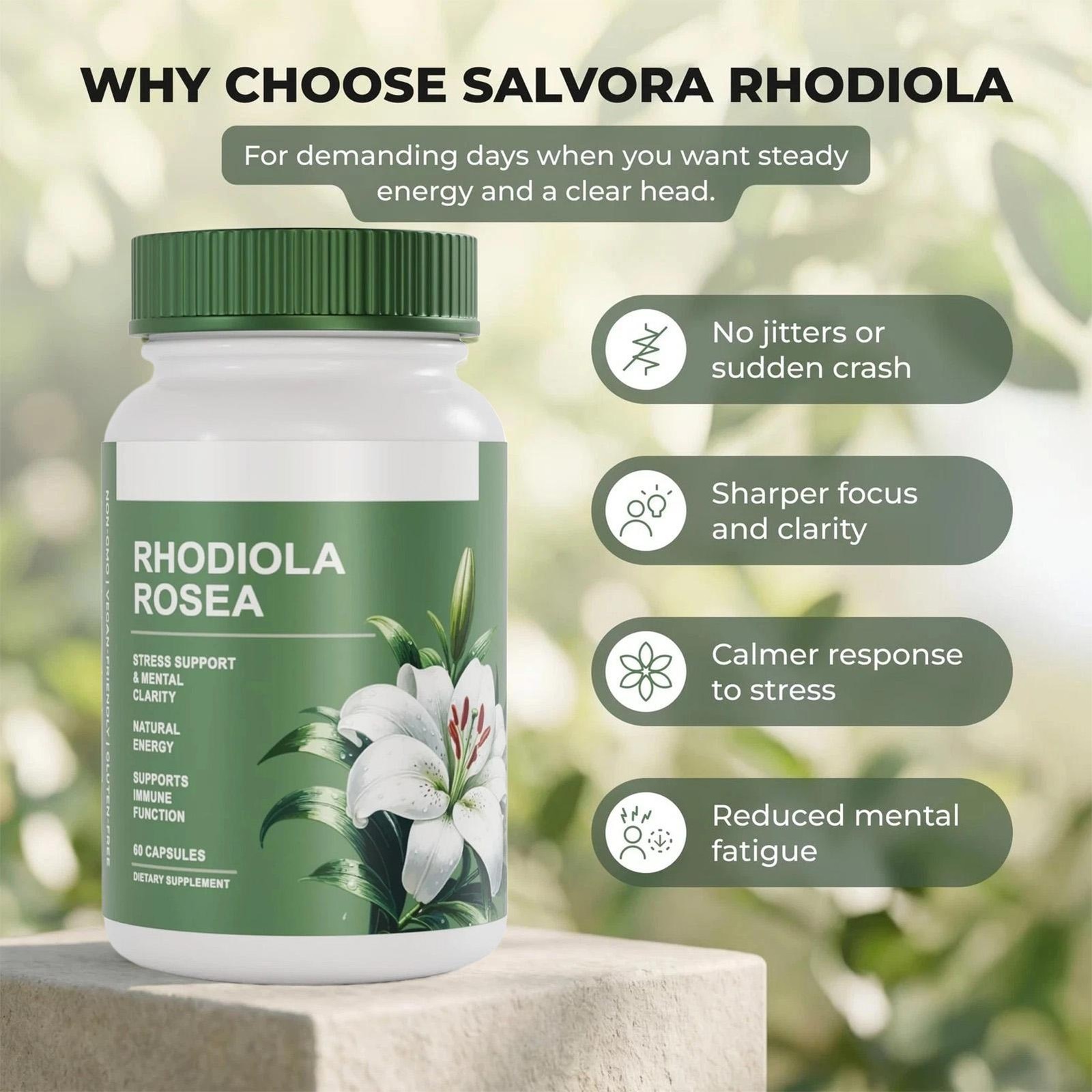 Salvora Rhodiola Rosea Supplement – Golden Root Adaptogen Capsules 60pcs