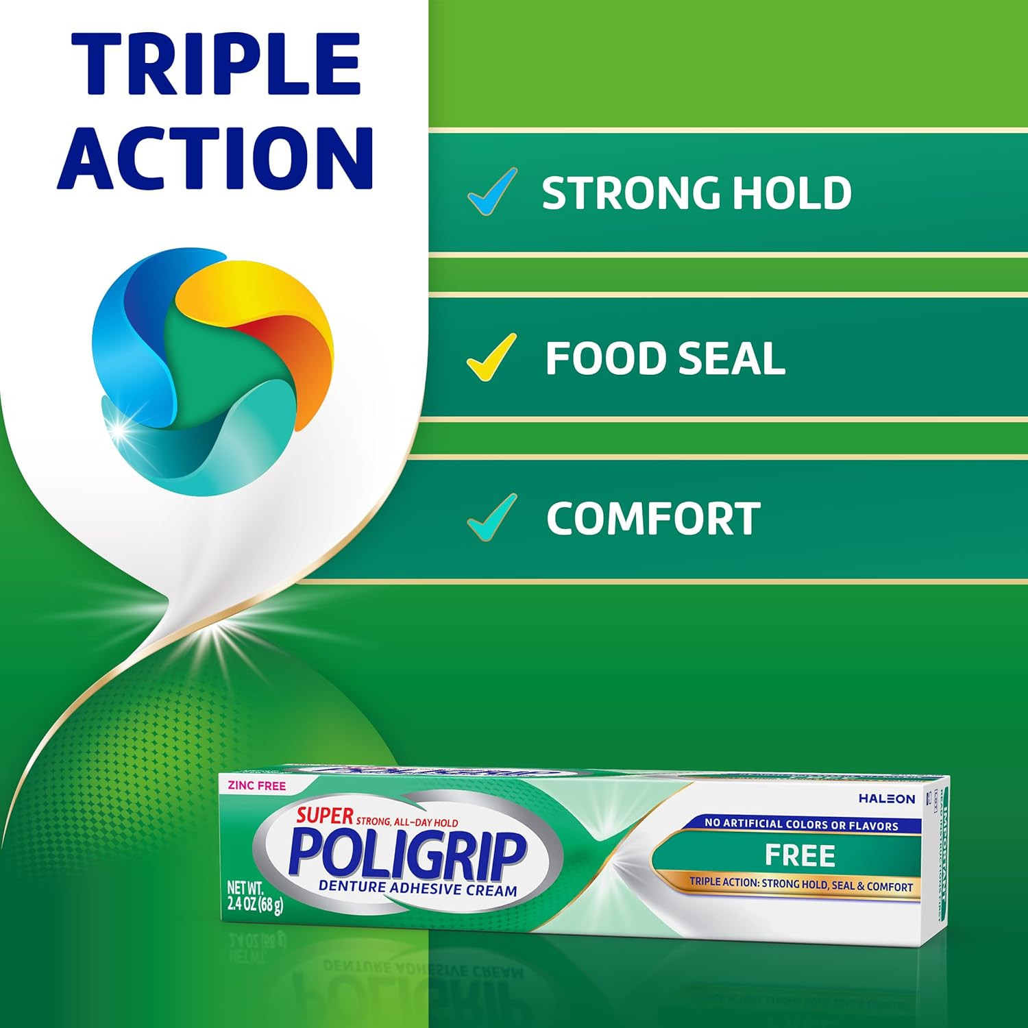 Poligrip Free Denture Adhesive Cream, Strong All Day Hold, Food Seal, Comfort, C
