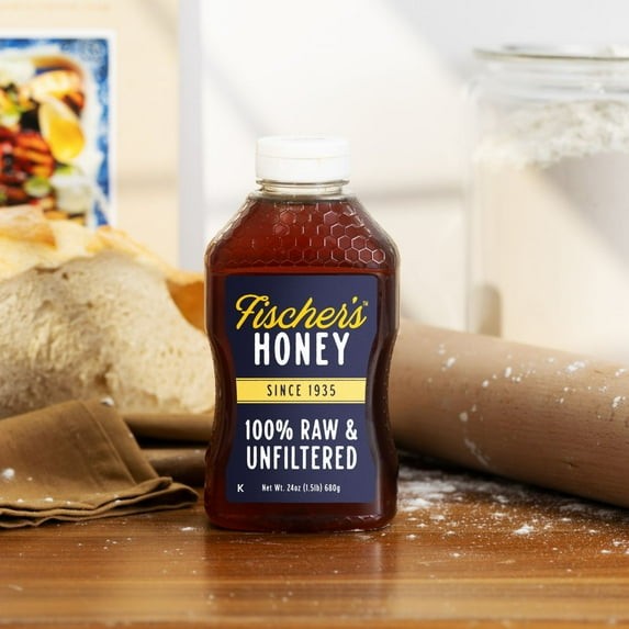 Fischers Honey, 24oz Raw and Unfiltered, Local 100% US Grade Squeeze Bottle New.