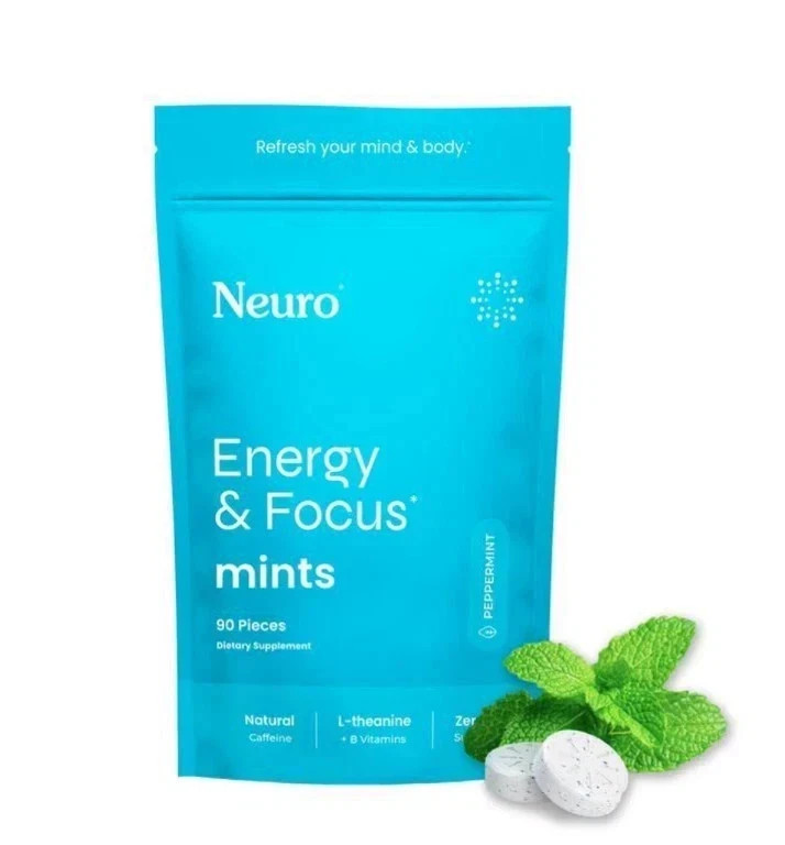New Neuro Mints Energy and Focus 90 Pieces Peppermint Natural Caffeine Exp. 2/28
