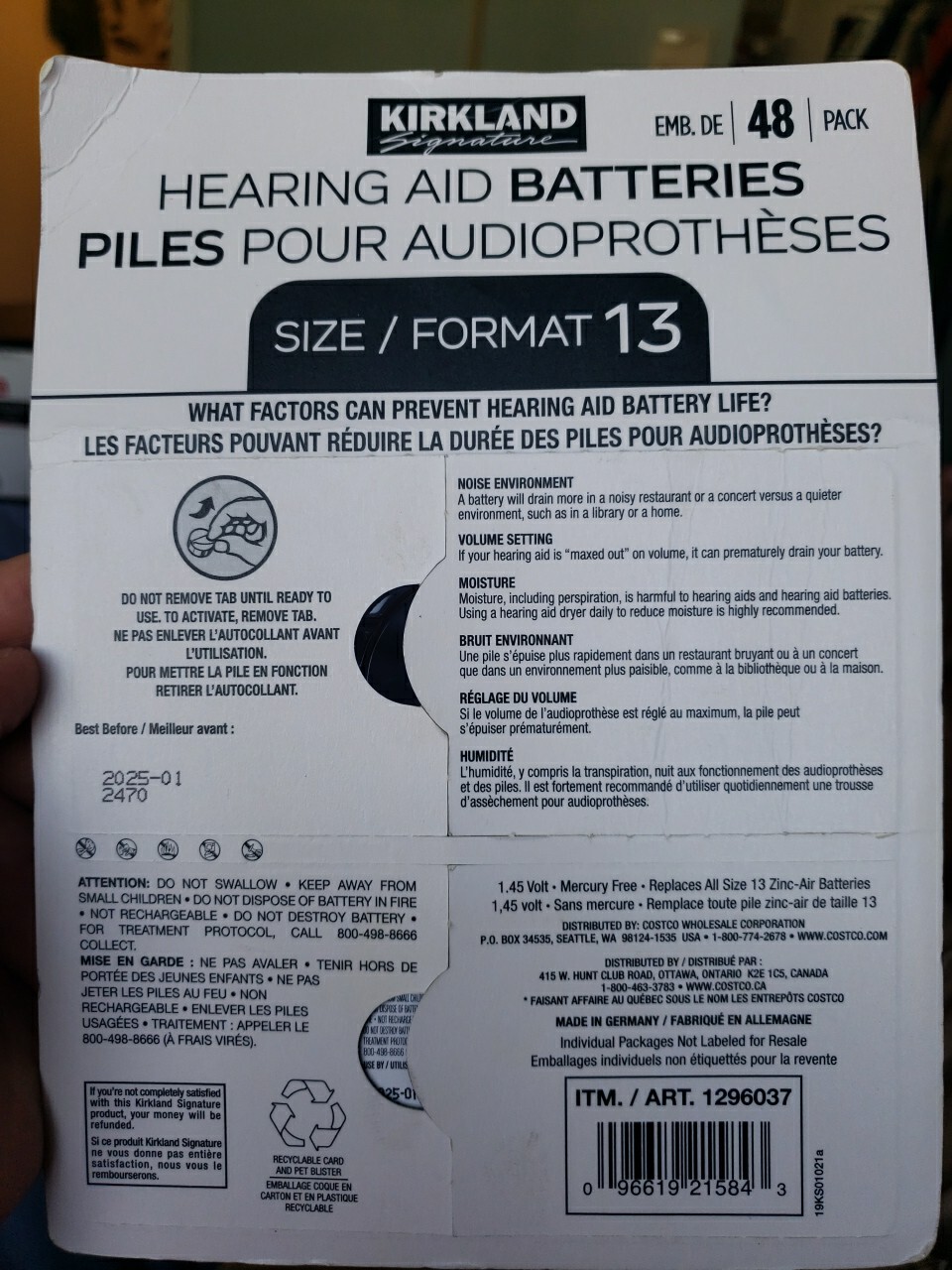 Pack of 40 Size 13 Kirkland Signature Hearing Aid Zinc-Air Batteries Exp 01/2025