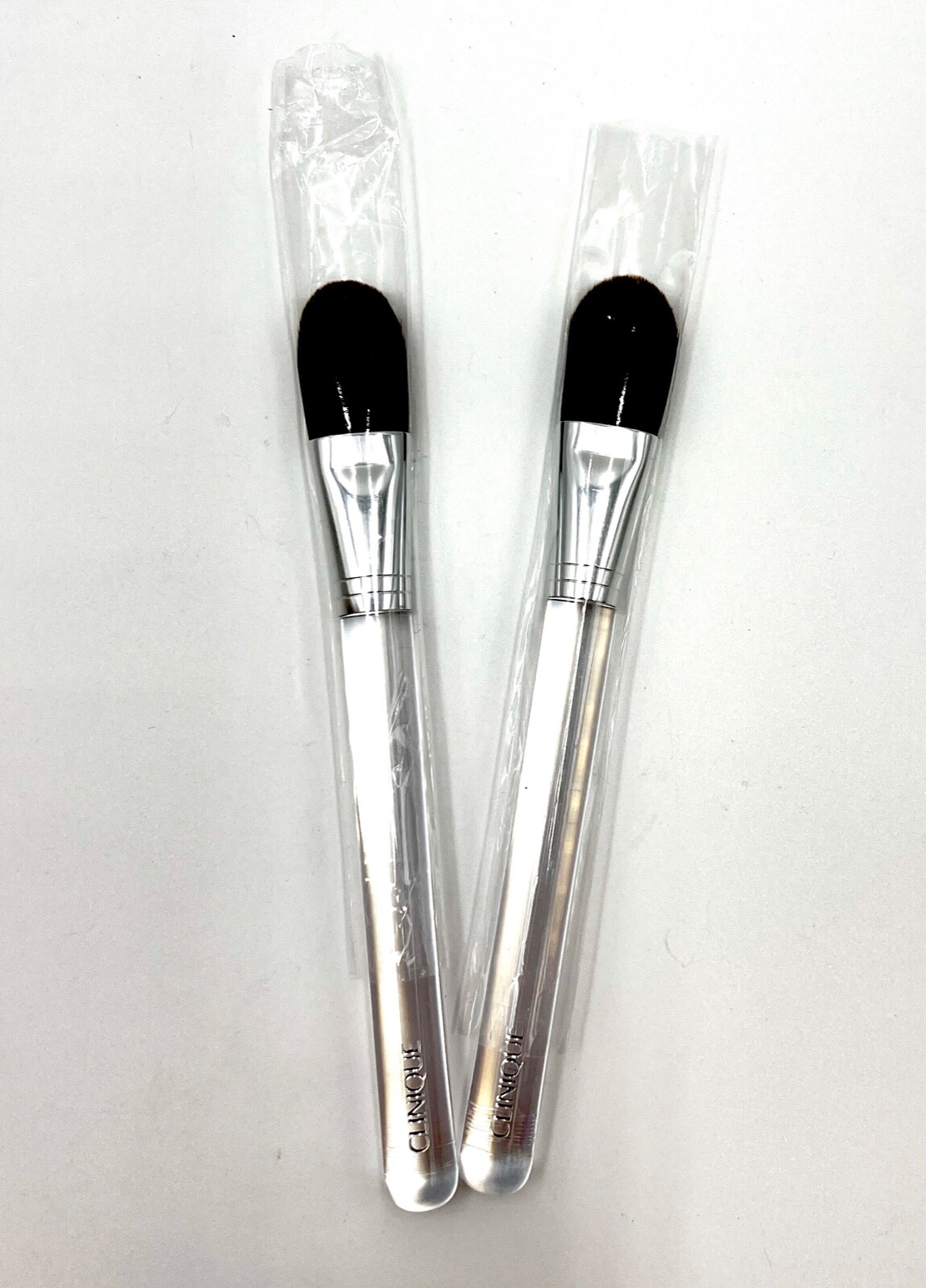 2 Piece Brush: Clinique 6″ Powder Foundation Brush Clear Handle~ Standard Size
