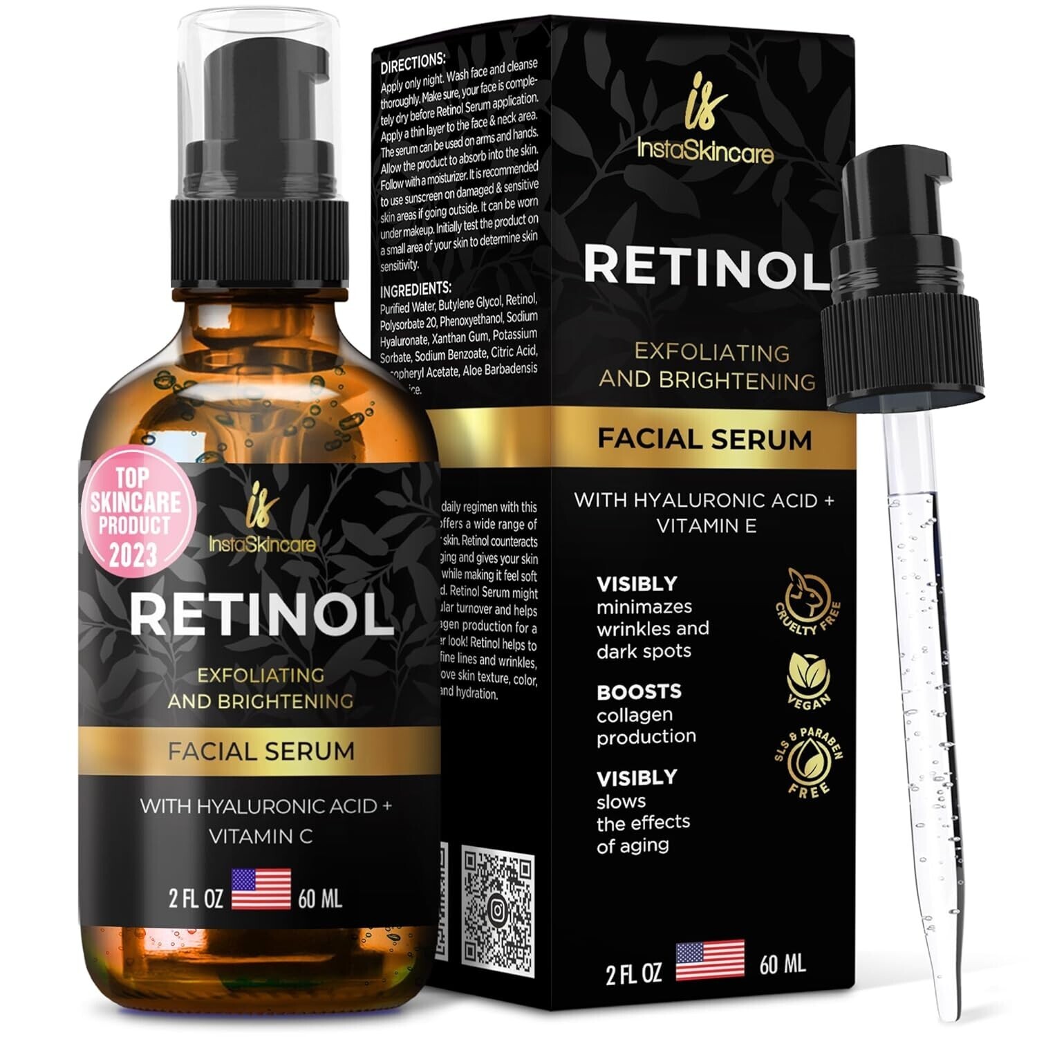 Retinol Serum with Hydrating Hyaluronic Acid for Wrinkles and Dark Spots 2 OZ