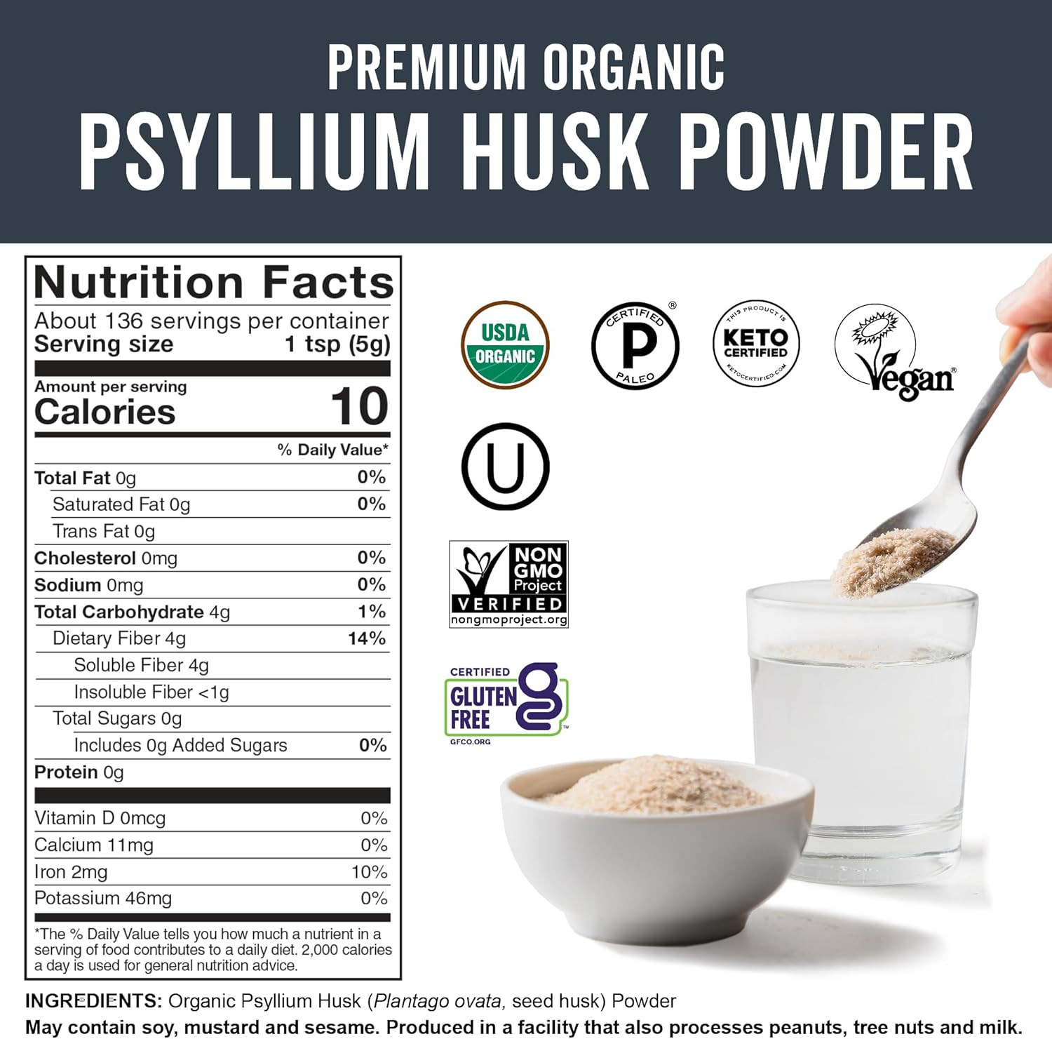Organic Psyllium Husk Powder, 24 Oz – Finely Ground, Unflavored, Vegan, Keto, Pa