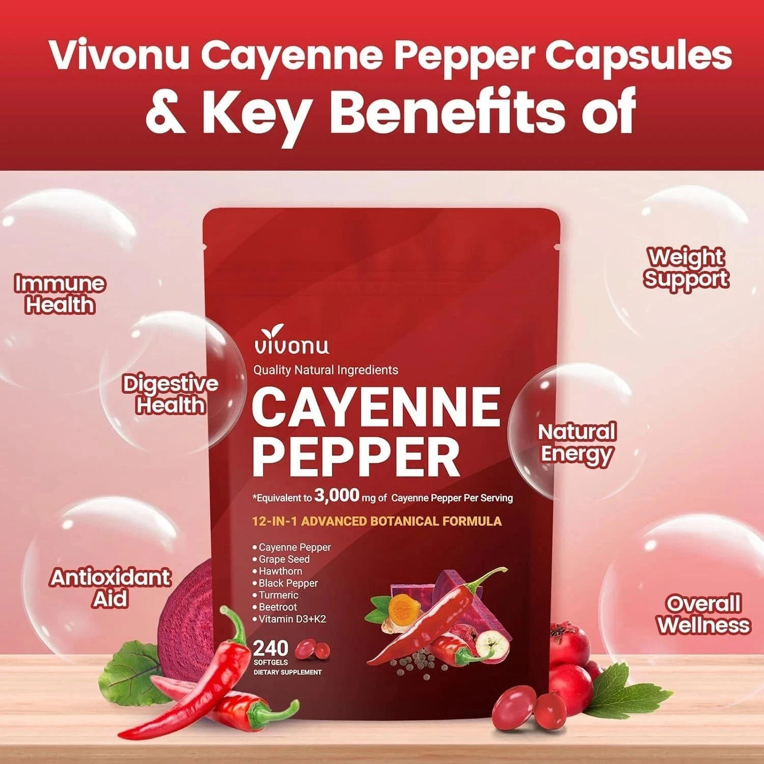 New VivoNu Cayenne Pepper Softgels, 240 Capsules, Free US Shipping