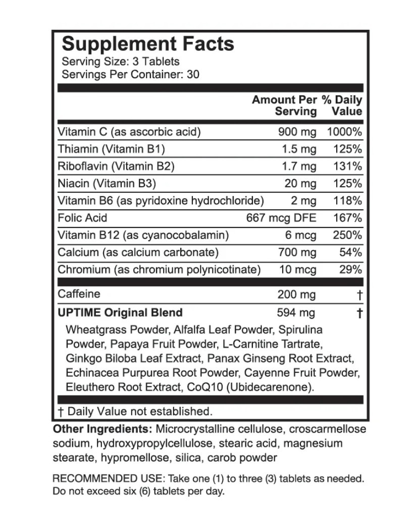 Uptime Energy Tablets 180 Ct (2×90) Original Caffeine Ginseng Ginkgo NEW