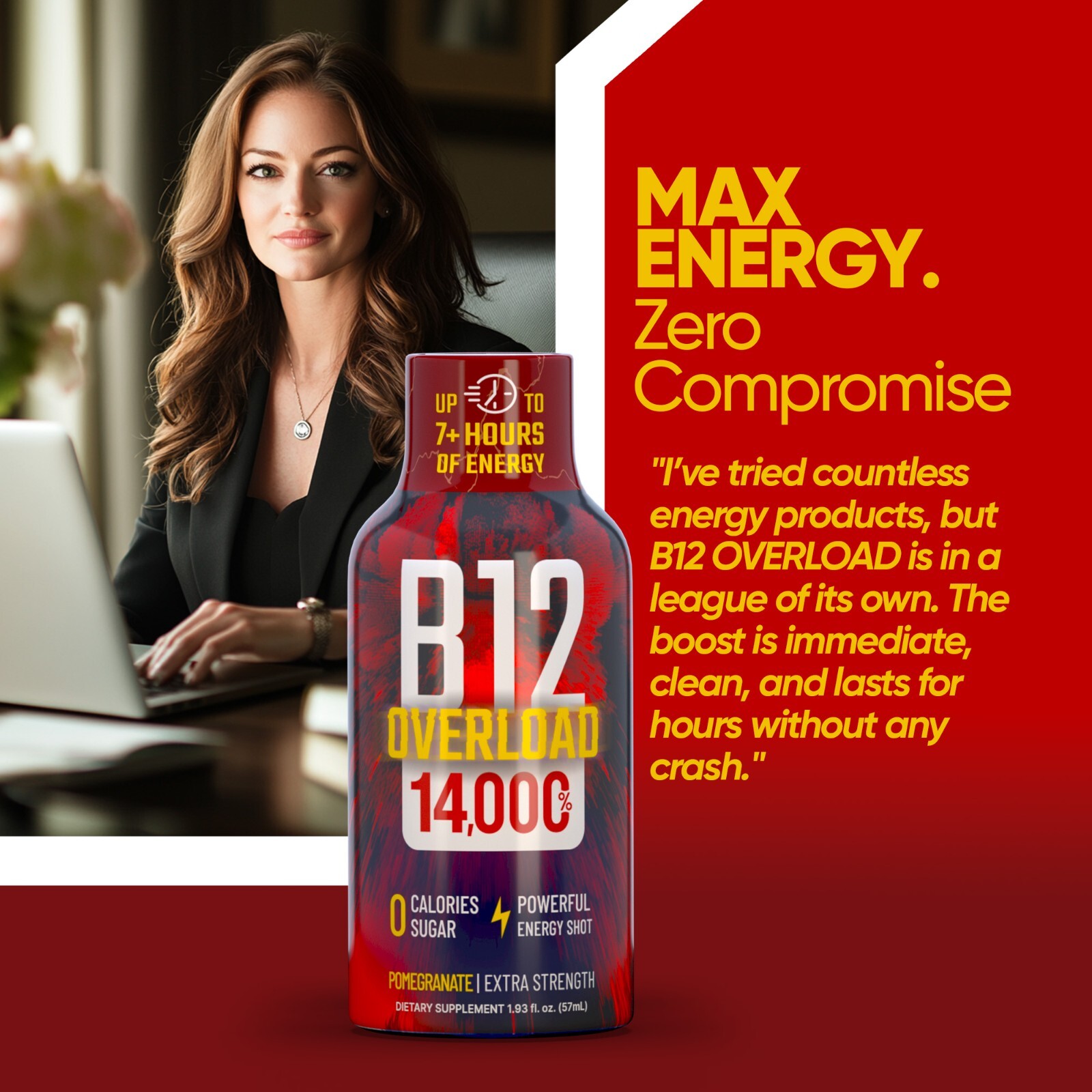 (48 Pack) GAQ B12 Overload Energy Shots, Pomegranate, Up to 7+ Hours of Energy