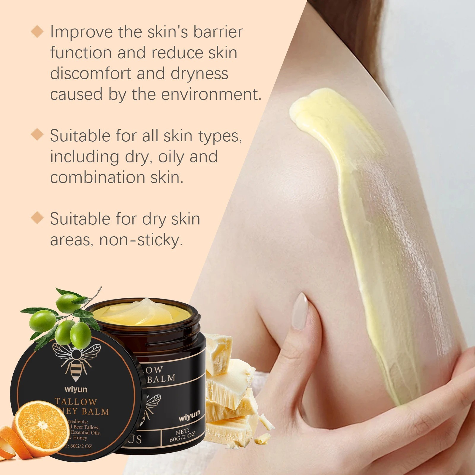 Grass Fed Beef Tallow Honey Balm Moisturizing Skin Care Cream Face Body 2.12oz