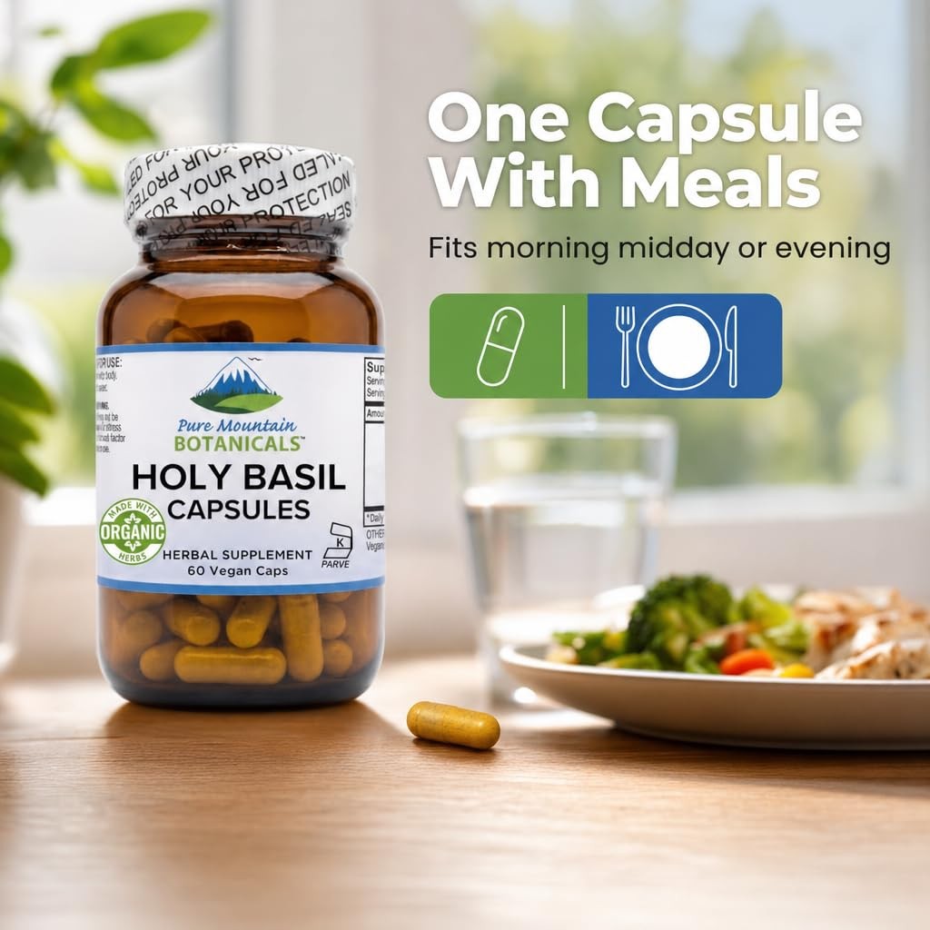 Pure Mountain Botanicals Holy Basil Supplement – Kosher Organic Tulsi Capsules