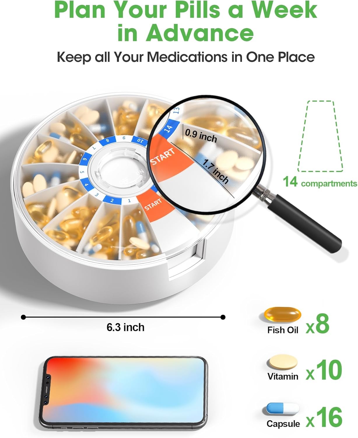 Pill Dispenser Large Pill Organizer with Stand Wall Mountable 7/14 Days-New