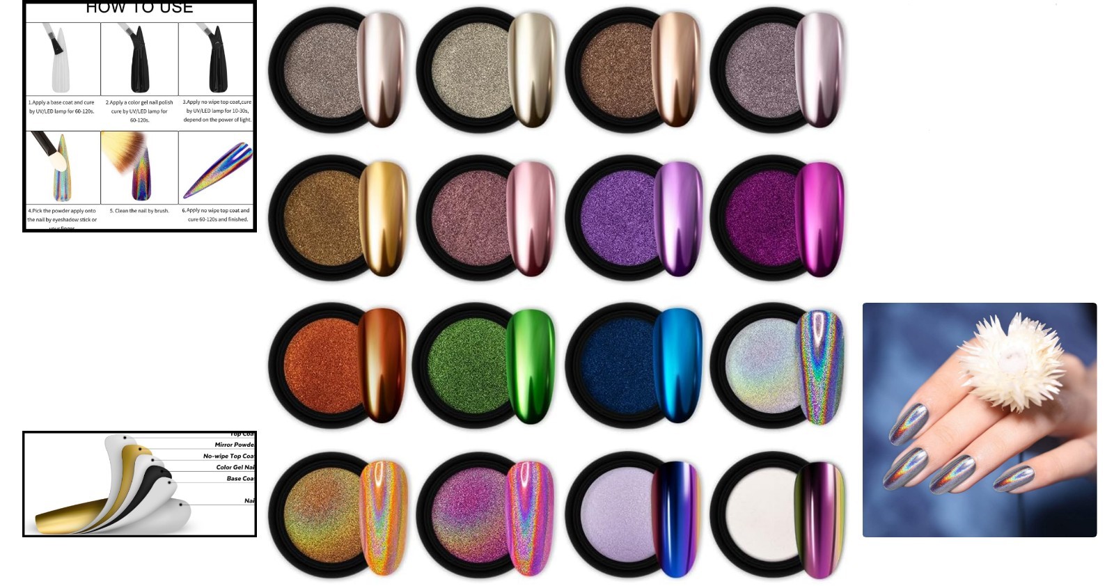 16 Jars Chrome Nail Powder Set: Holographic & Chameleon Pigments for Nail Art