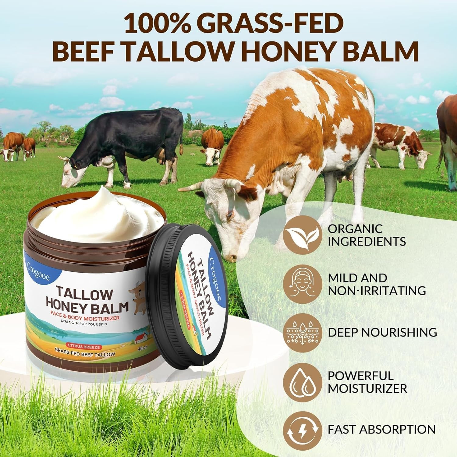 Whipped Beef Tallow Balm Grass Fed Honey Moisturizer Face Body 2oz