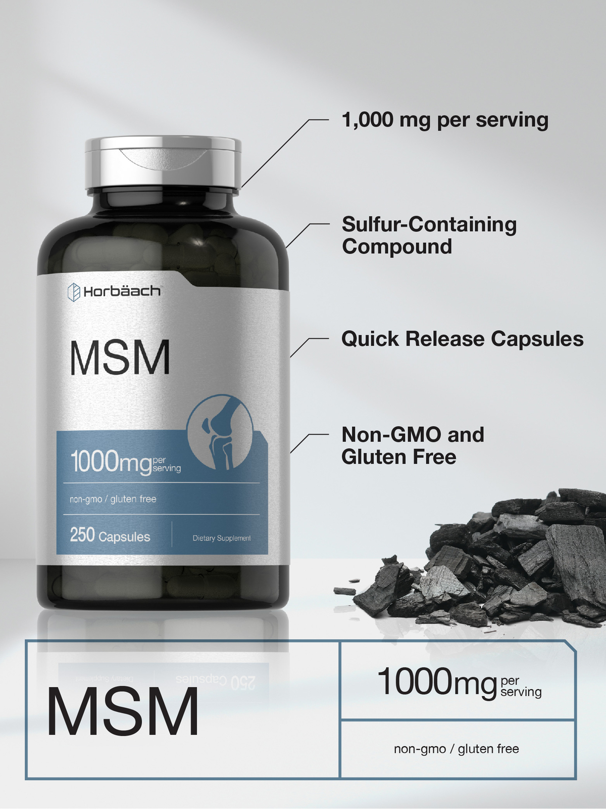 MSM Supplement | 1000mg | 250 Capsules | Non-GMO, Gluten Free | by Horbaach
