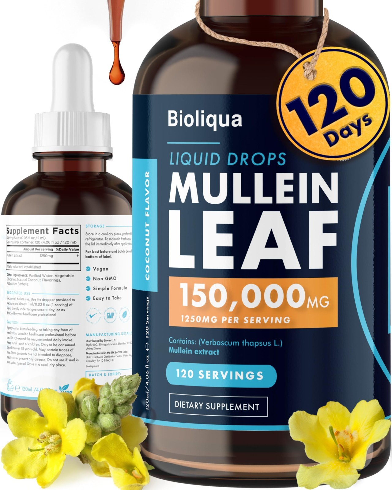High Strength Mullein Drops 150,000mg – Lung Detox Tincture 4oz – 120 Servings