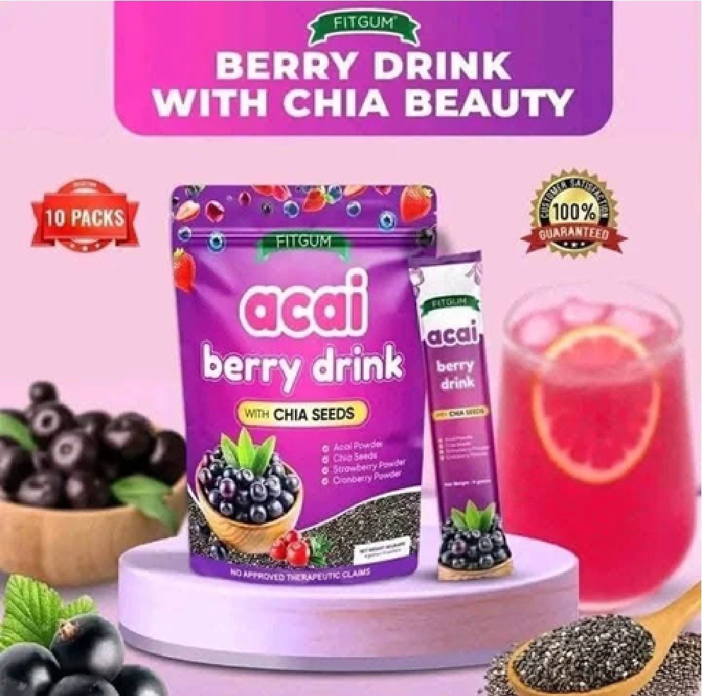 3 Packs FITGUM Acai Berry Drink Powder w/ Chia & Collagen – 10 Sachets Each