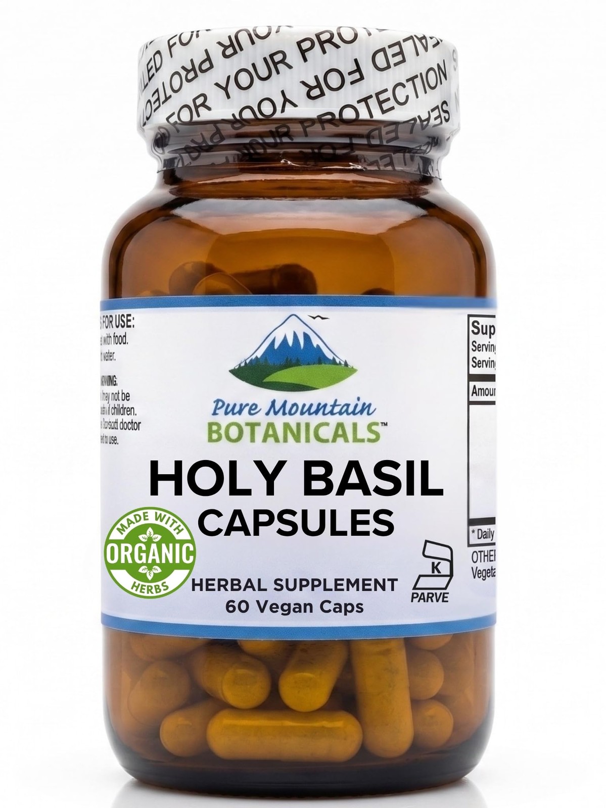 Pure Mountain Botanicals Holy Basil Supplement – Kosher Organic Tulsi Capsules