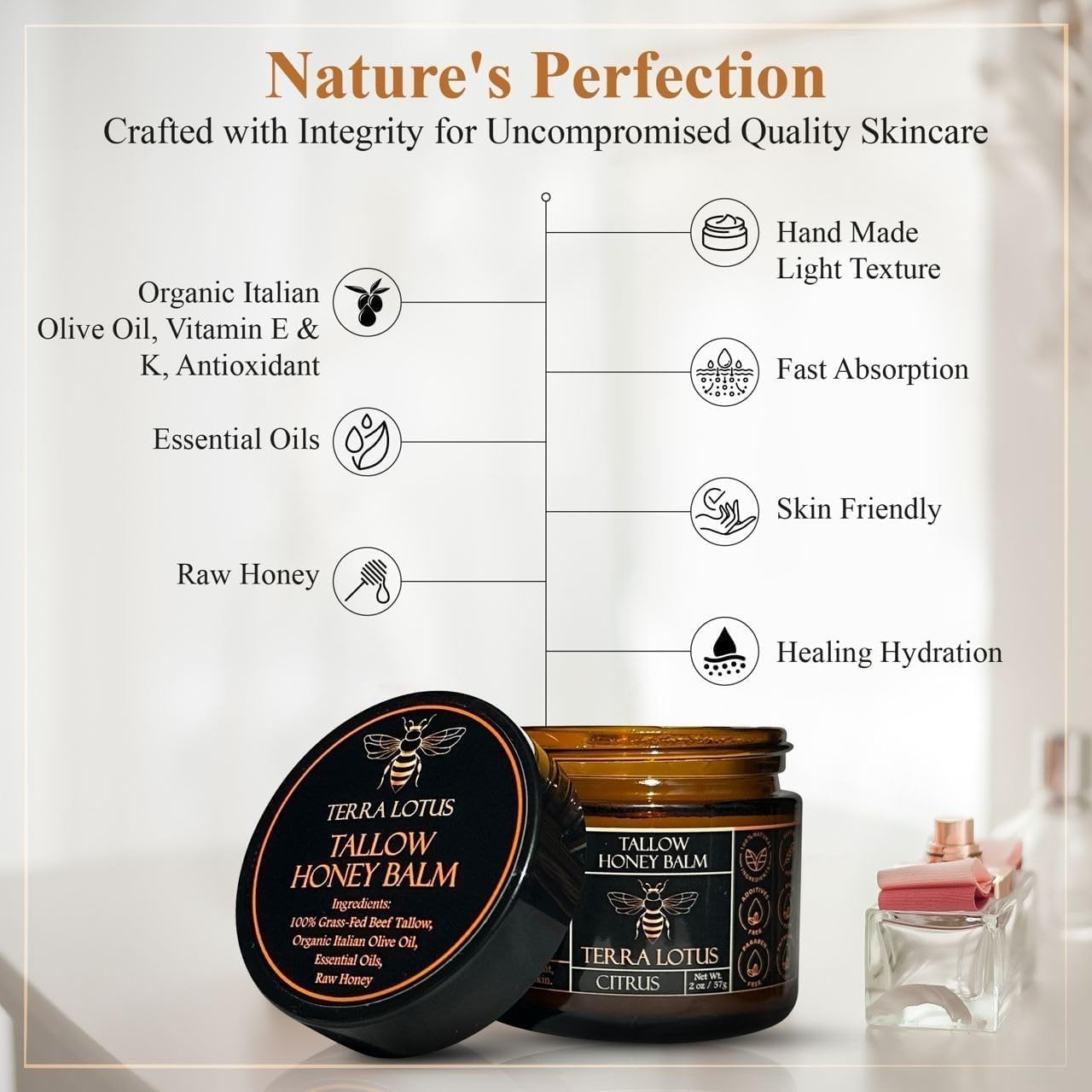 Organic Grass-Fed Beef Tallow Balm with Raw Honey-Moisturizing Cream 2 Oz,Citrus