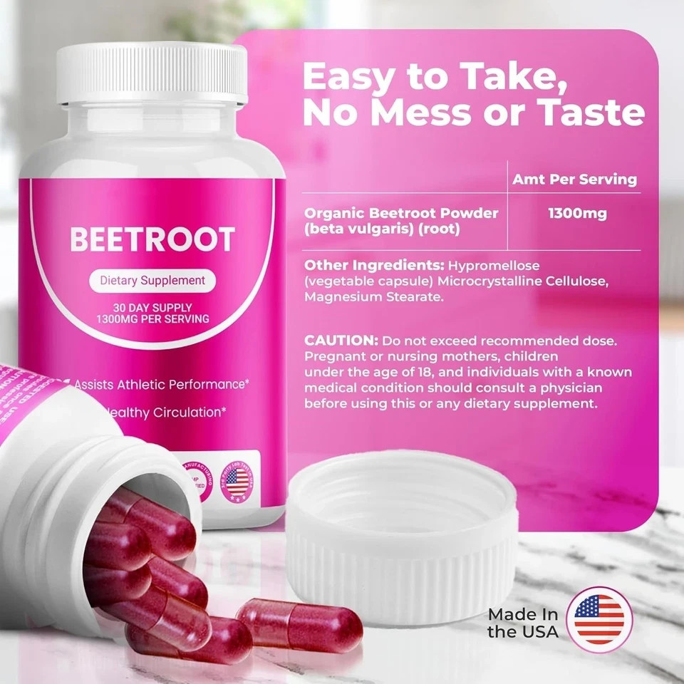3PCS-Rosabella Organic Beet Root 60 Capsules Natural Energy Boost Blood Pressure