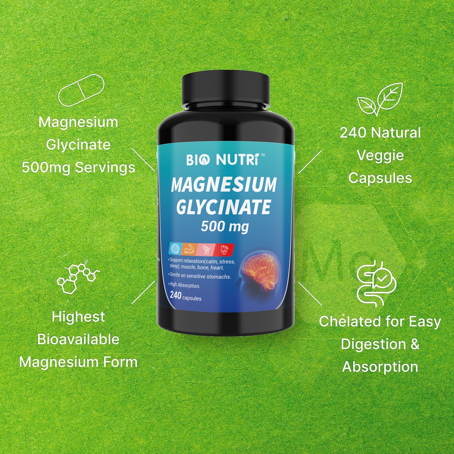 BIO NUTRI Magnesium Glycinate Supplement | 500mg 240 Pills Non-GMO & Gluten Free