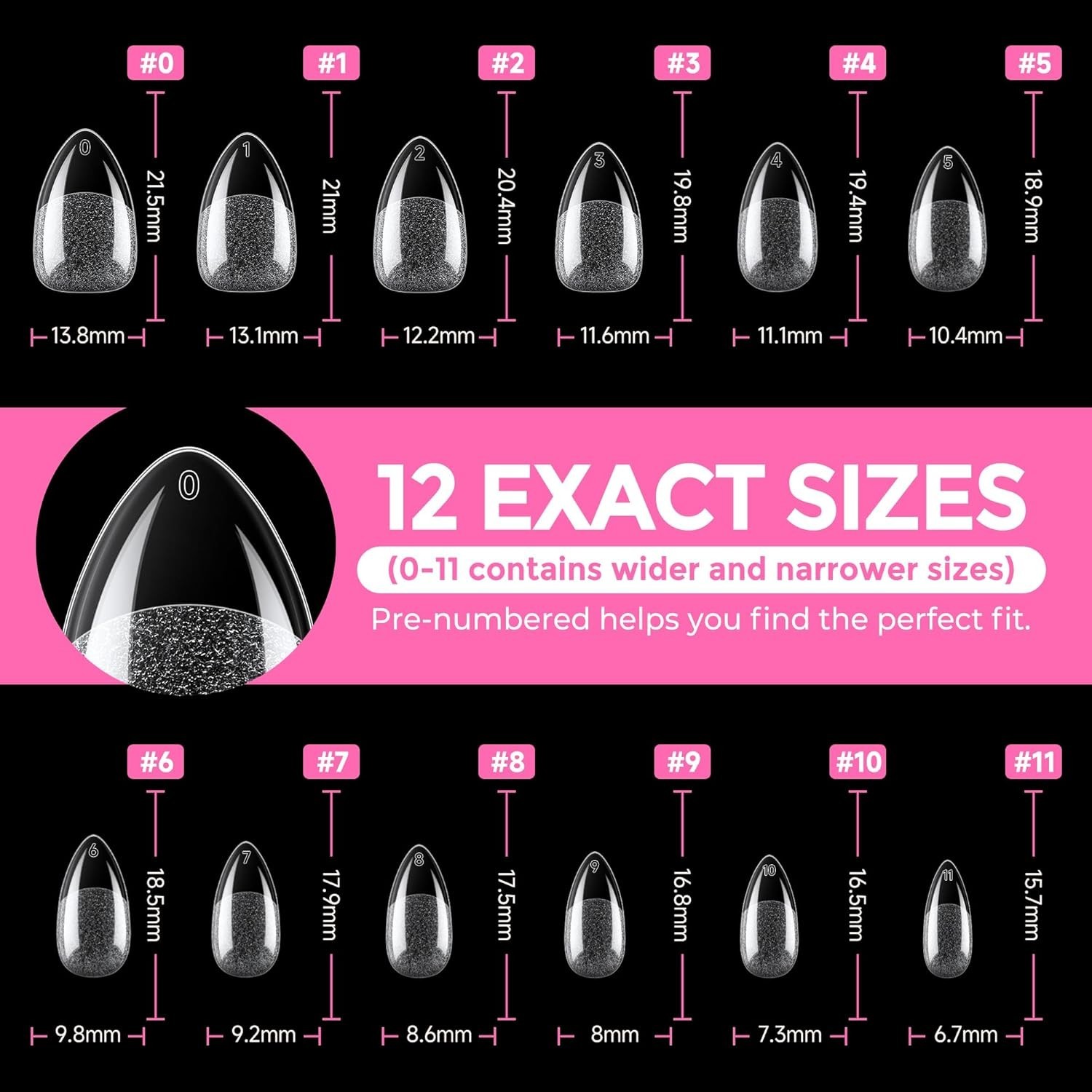 216 Short Almond Fake Nails – Salon Quality Acrylic Tips, 12 Sizes Available