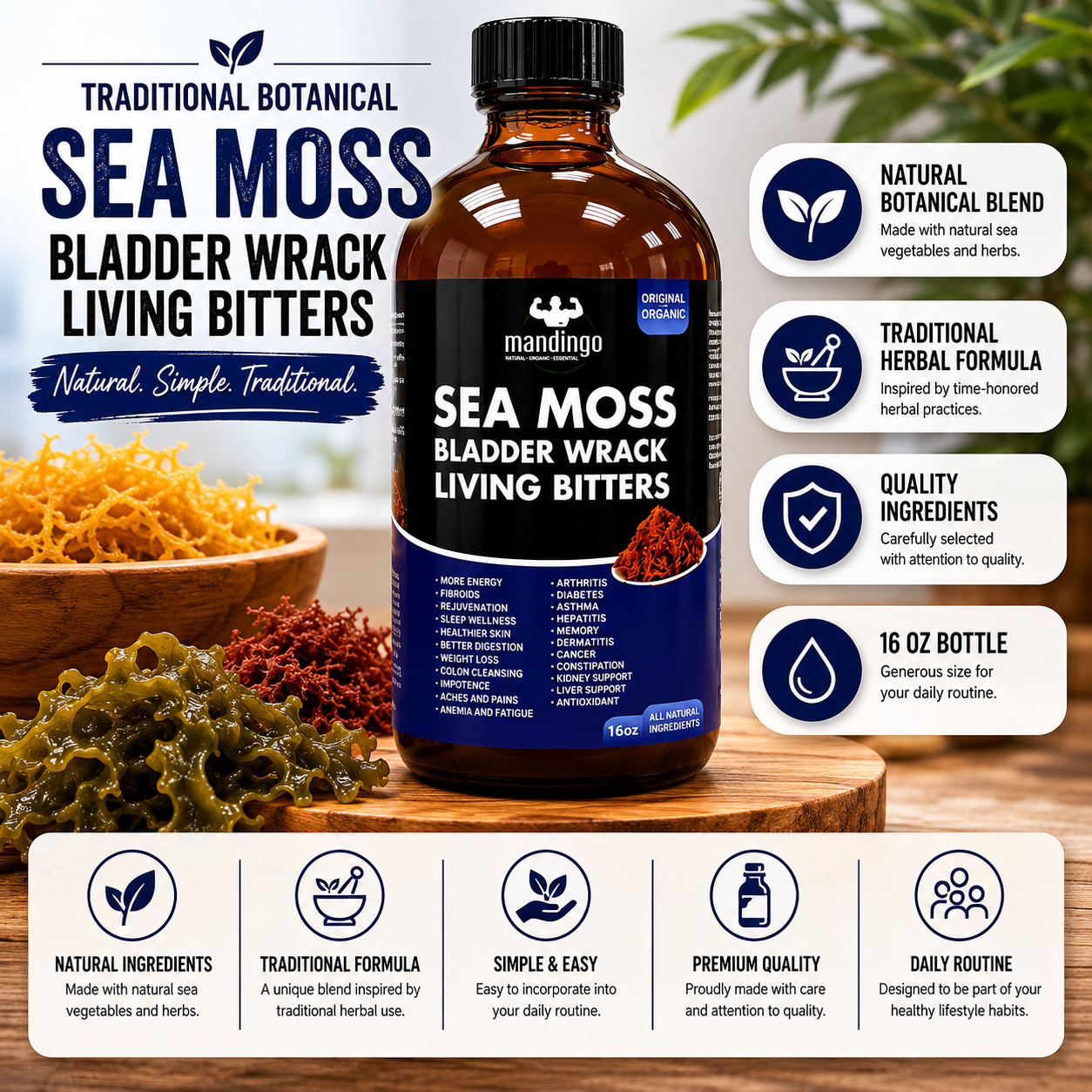 Sea Moss Bladder Wrack Living Bitters 16 oz Herbal Blend Liquid