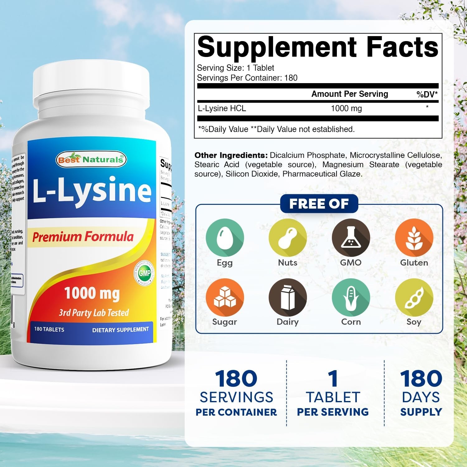 L-Lysine 1000mg – 180 Tablets, Immune Support, Muscle Recovery, 3 Bottles
