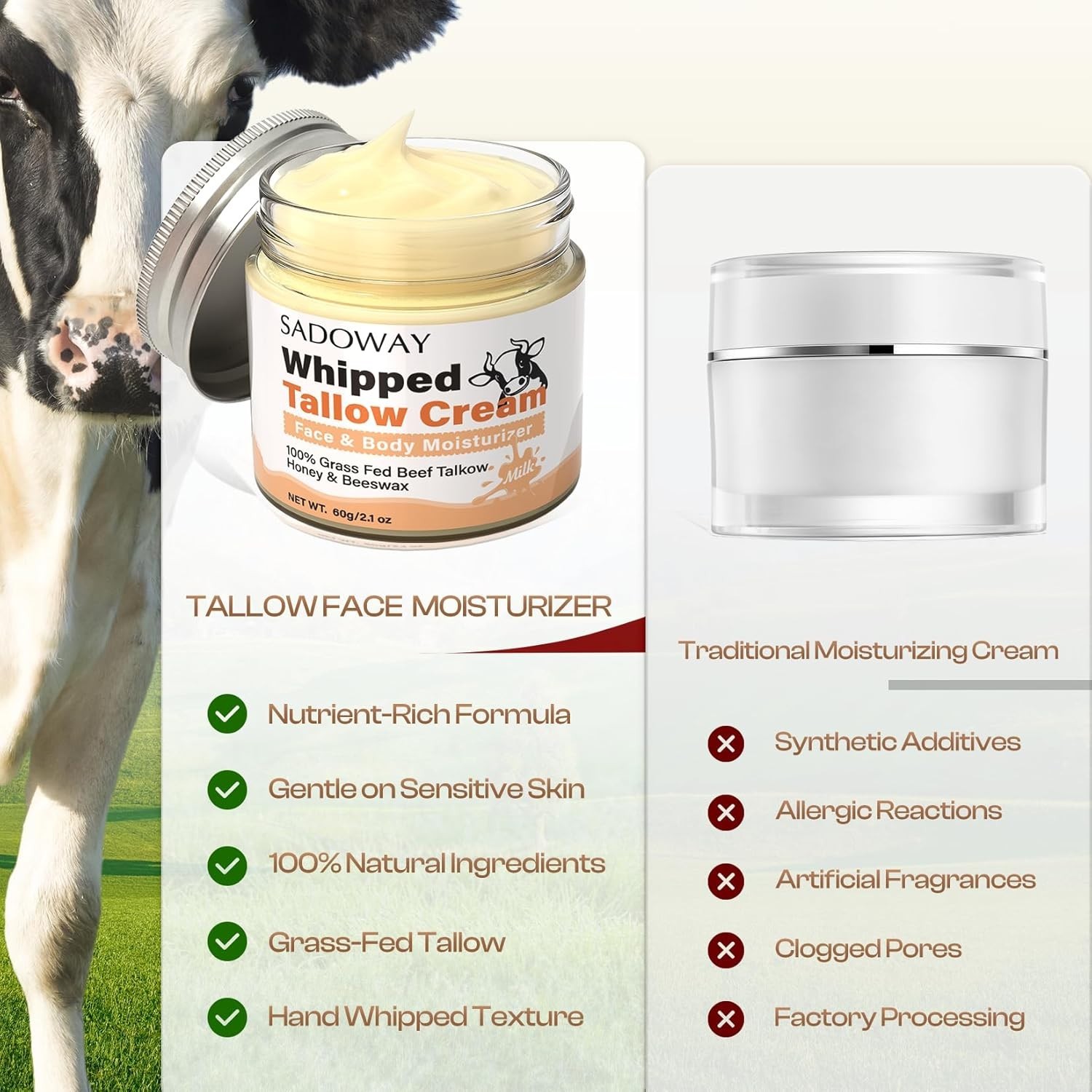 Whipped Beef Tallow Honey Balm Face Moisturizer Dry Skin 2.12oz