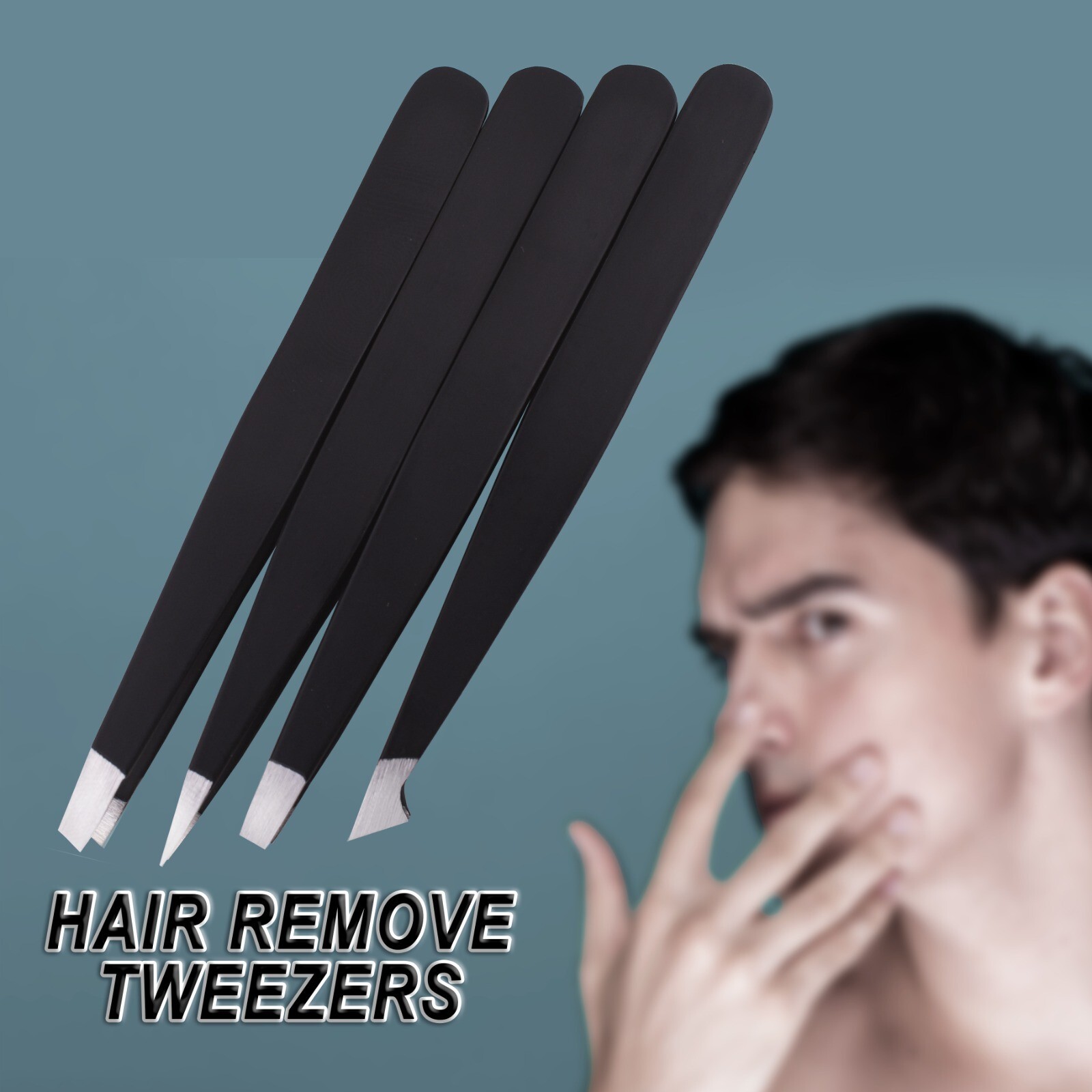 US Tweezers Set 4 Piece Professional Black Plucker Stainless Steel With Case