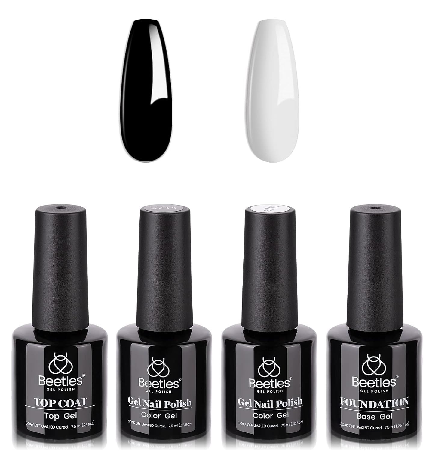Beetles Gel Nail Polish Set- 4Pcs White Black Gel Nail Polish with No Wipe Top&B