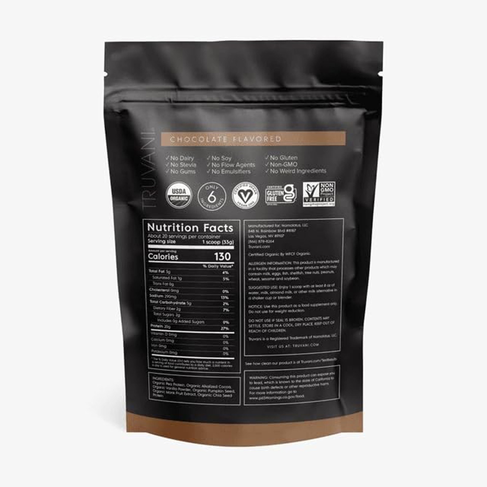 1/27 Truvani Vegan Pea Protein Powder | Chocolate | 20g Organic Plant Based Prot