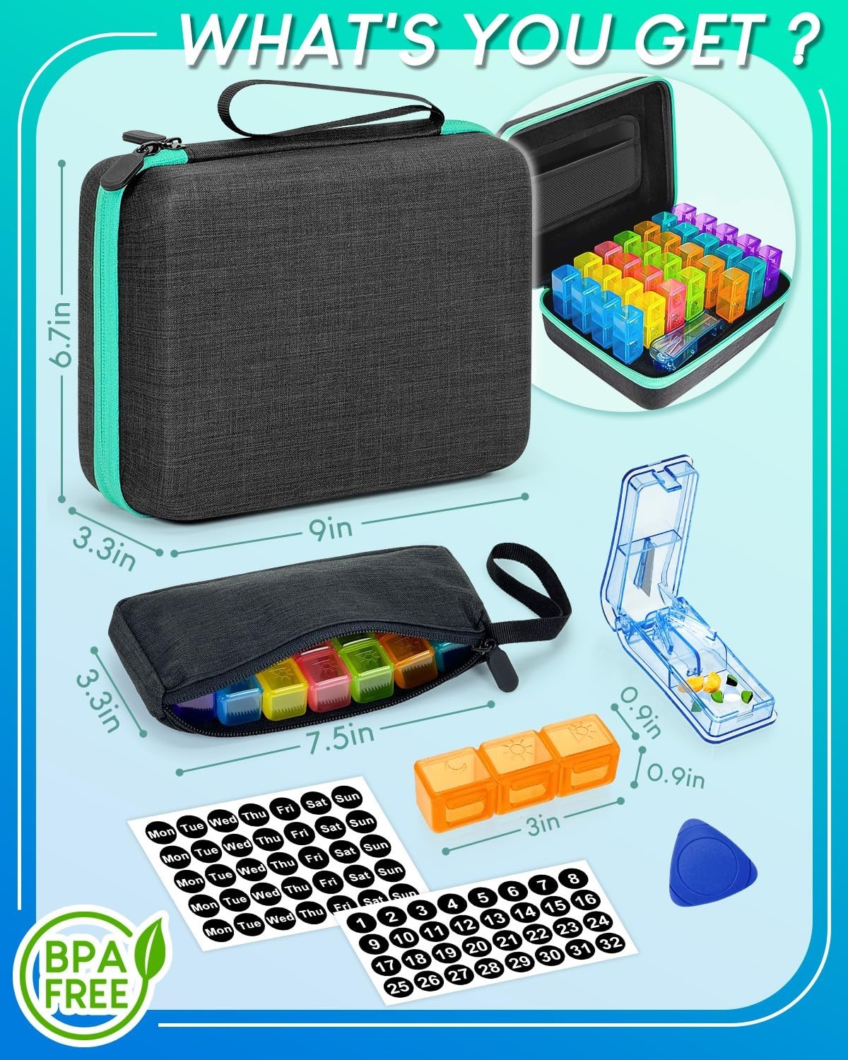 31-Day Pill Organizer with Cutter & Stickers, Portable Hard Shell, 3x Daily Use