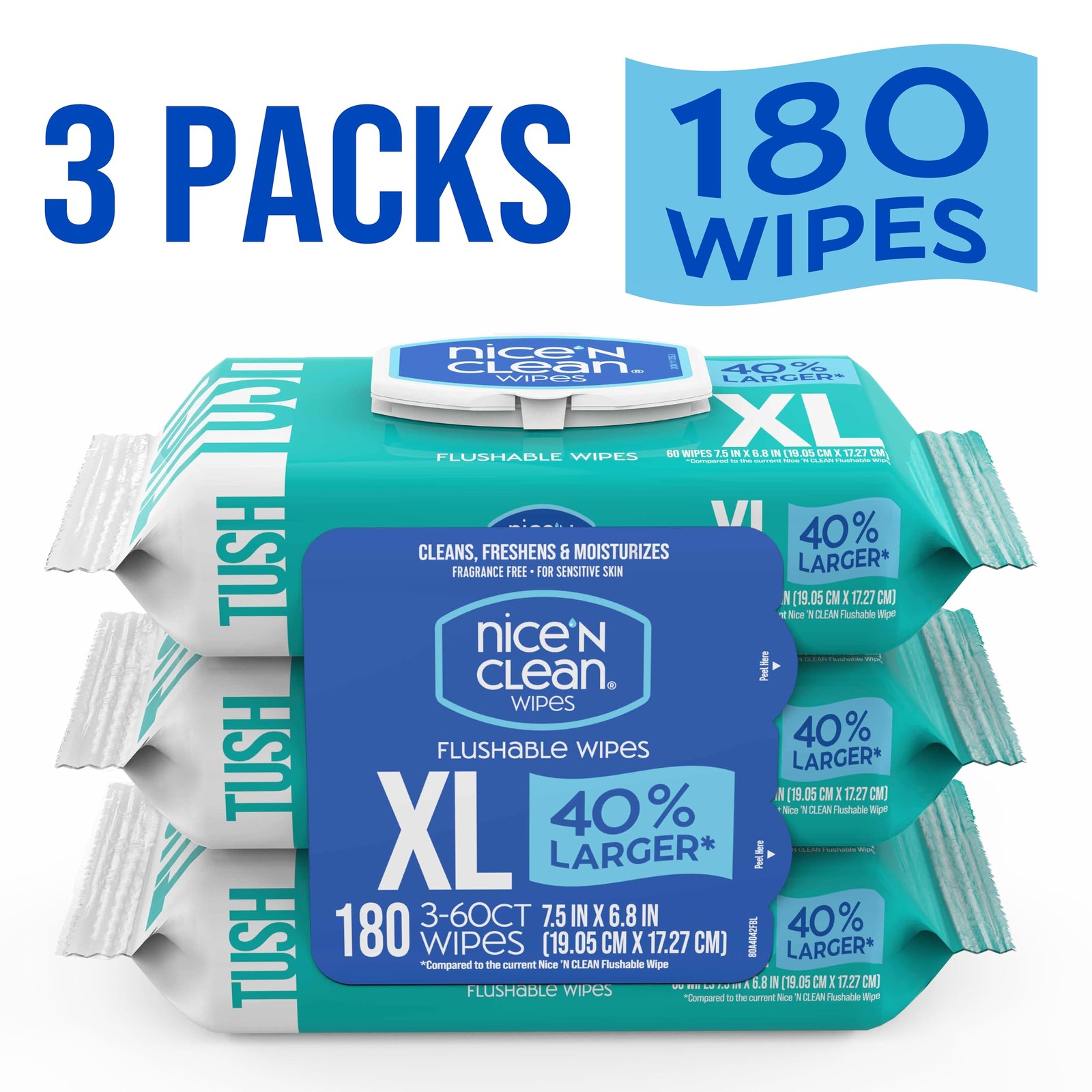 Nice ‘N CLEAN Extra Large Flushable Wipes | 40% 60 Count (Pack of 3), White