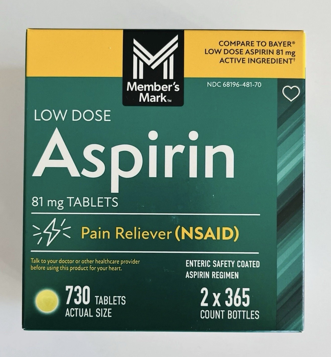 Member’s Mark Low Dose Aspirin 81mg x2 365 Ct BOTTLES, 730 Tabs~Compare to Bayer