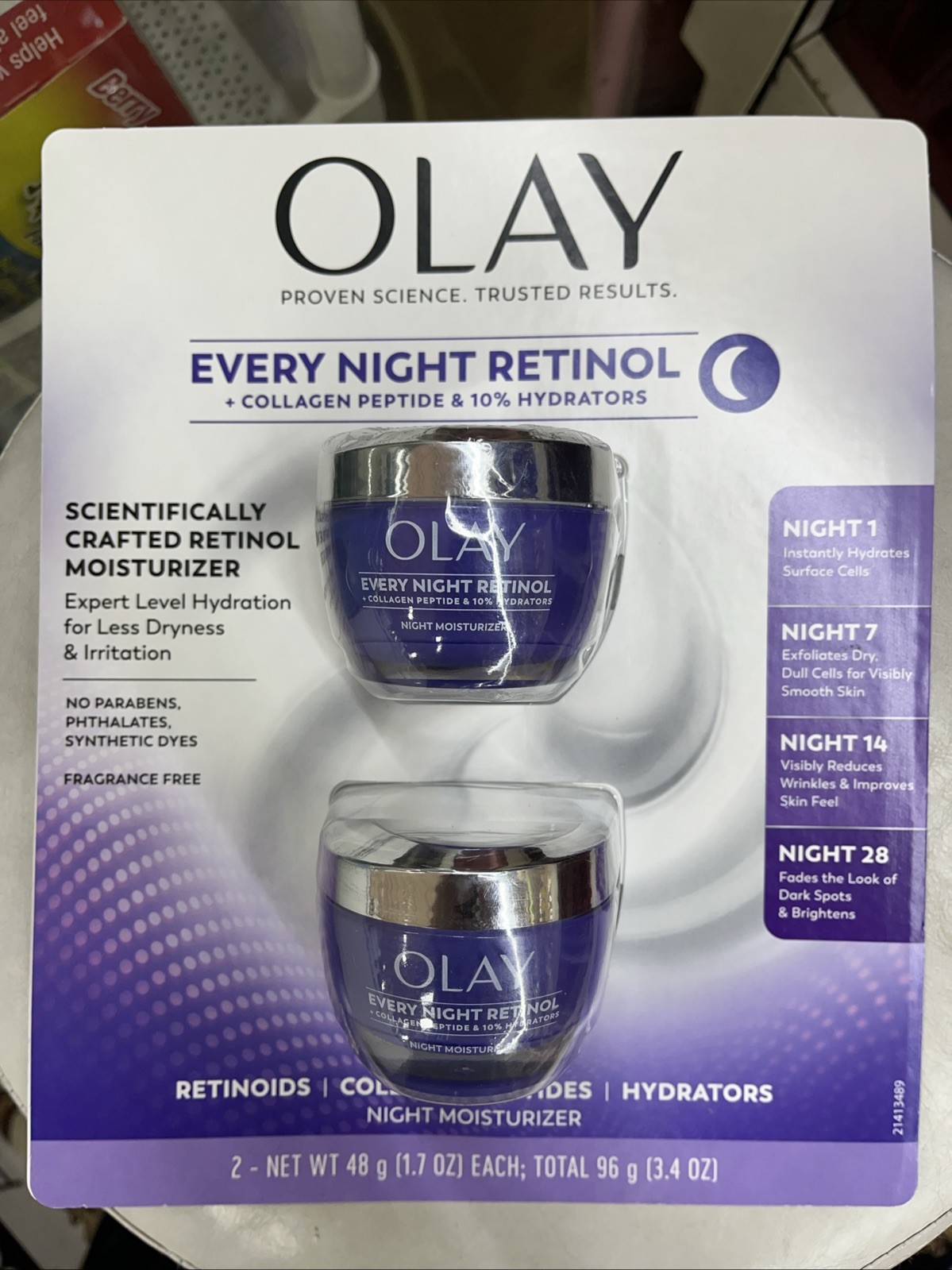 Olay Every Night Retinol Face Moisturizer, Anti-Aging Care, 1.7 oz, 2pk （open）