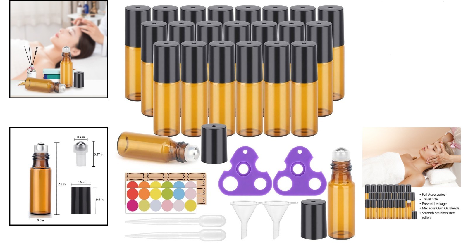 Complete Essential Oil Roller Bottle Kit – 24 Amber 5ml Bottles with Labels