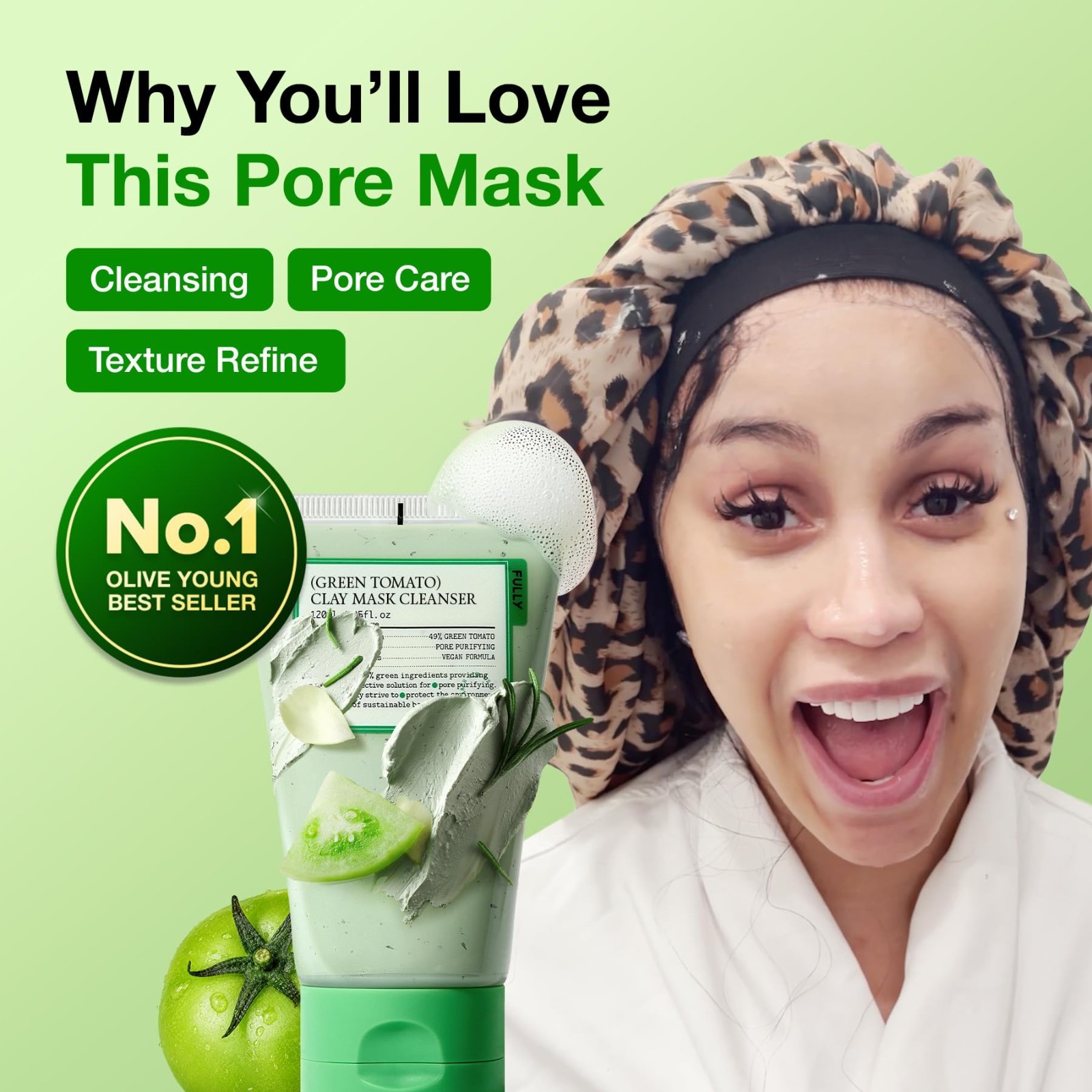 Deep Pore Cleanser Clay Mask, Green Tomato Face Wash for Blackhead Control, Kore