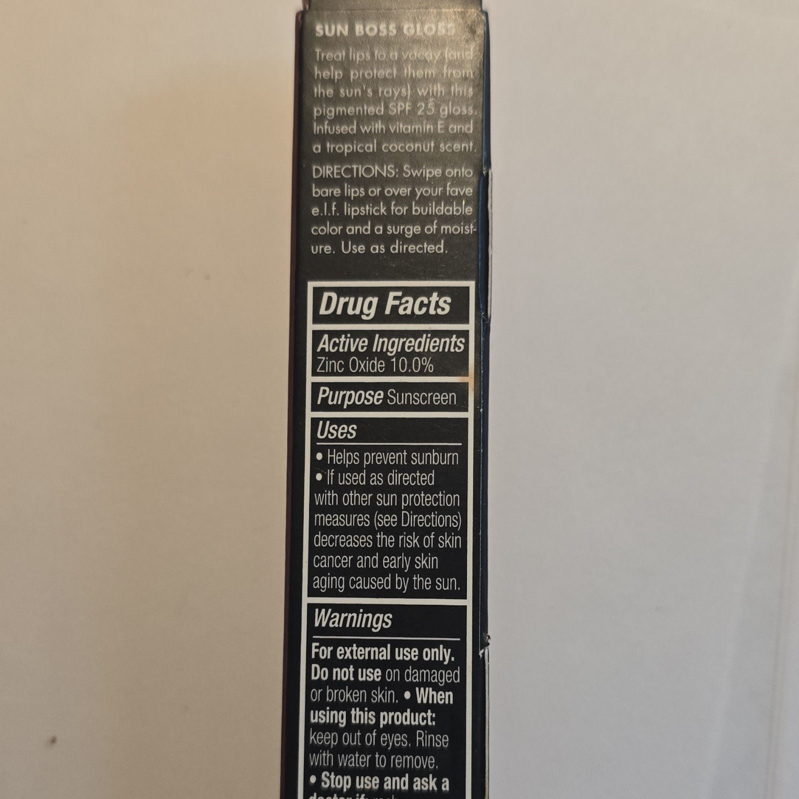e.l.f. Sun Boss Gloss SPF 25 Broad Spectrum Lip Gloss, Zinc Oxide, Coconut