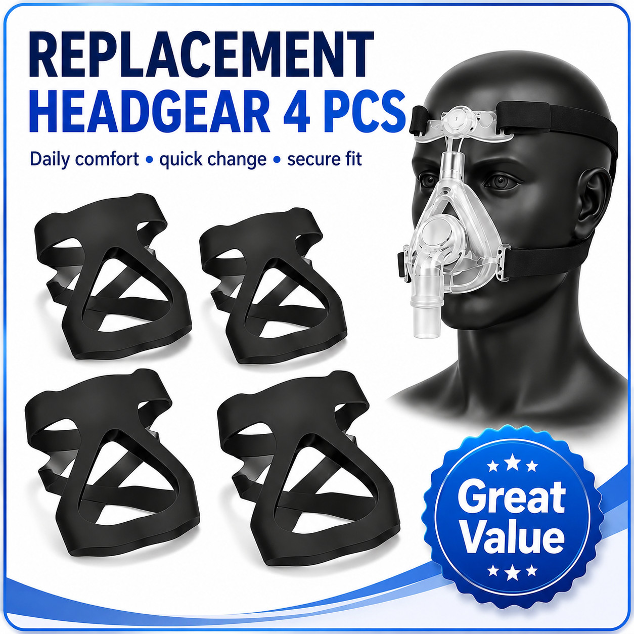 4 Pack CPAP Headgear Strap Replacement Soft Stretch Daily Backup Set
